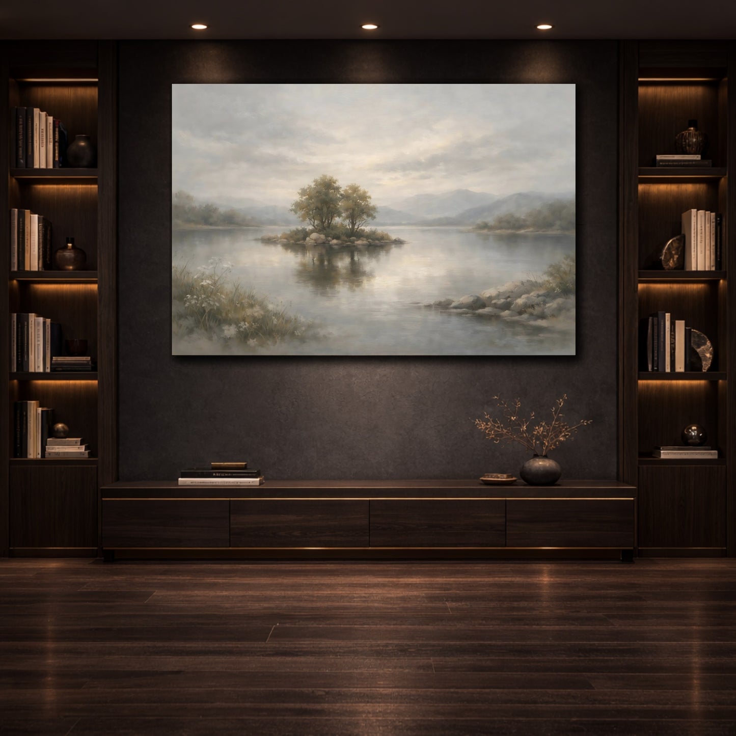 Mockup 3. Nature Lake Island Misty Landscape shown as stretched canvas wall art
