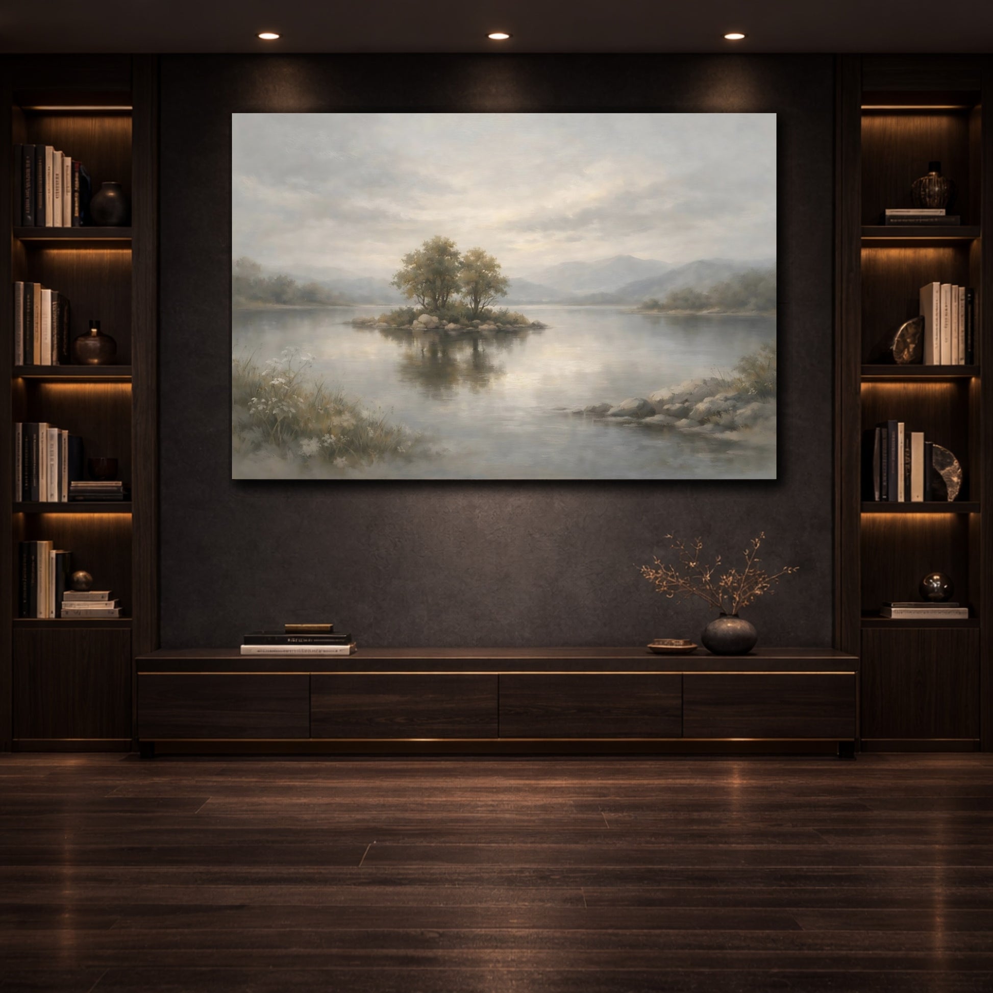 Mockup 3. Nature Lake Island Misty Landscape shown as stretched canvas wall art