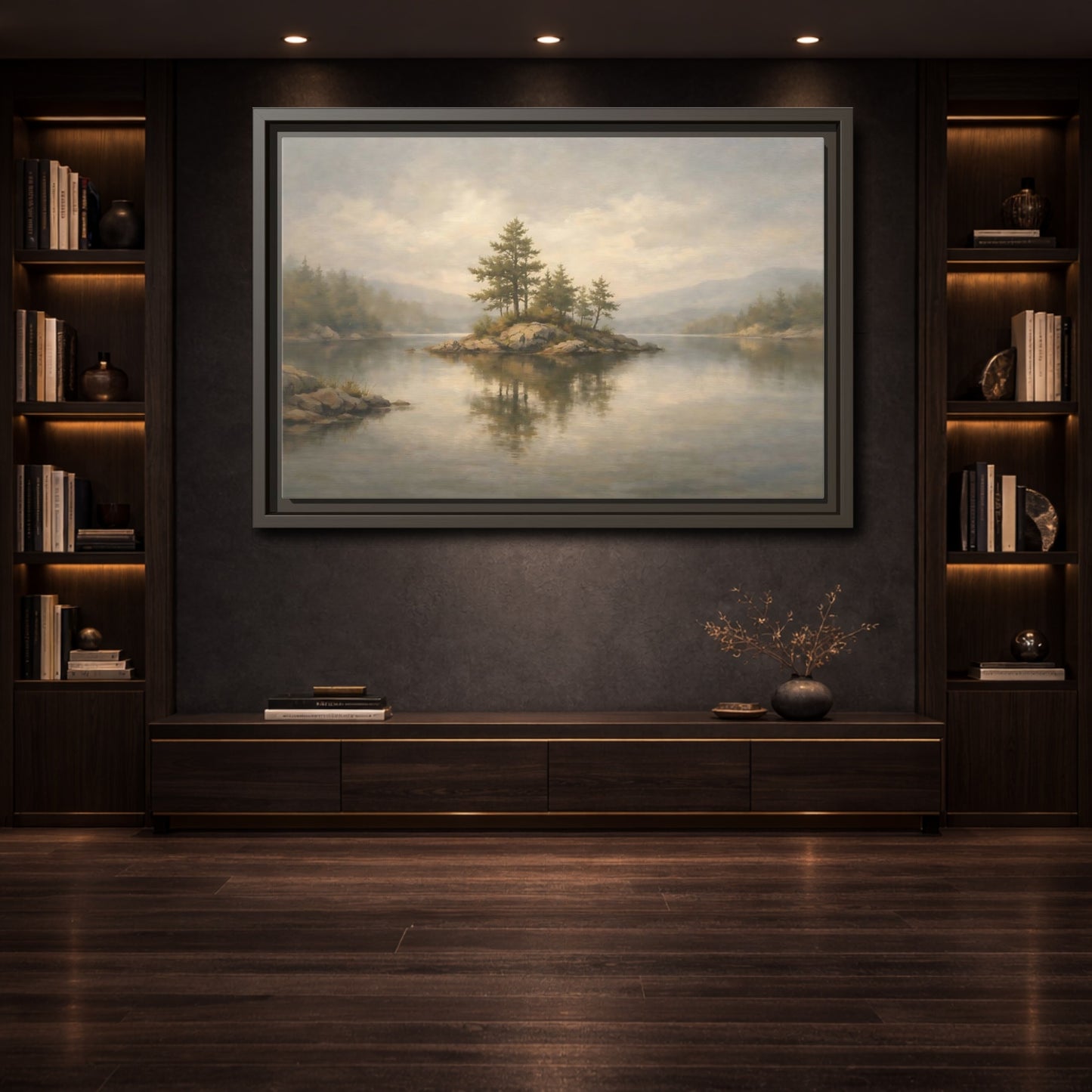 Mockup 3. Nature Lake Island Misty Landscape shown as stretched canvas wall art