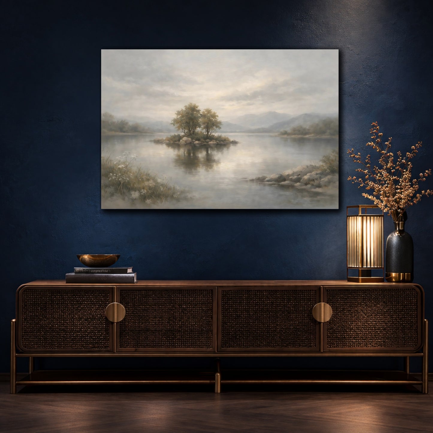 Mockup 4. Nature Lake Island Misty Landscape shown as stretched canvas wall art
