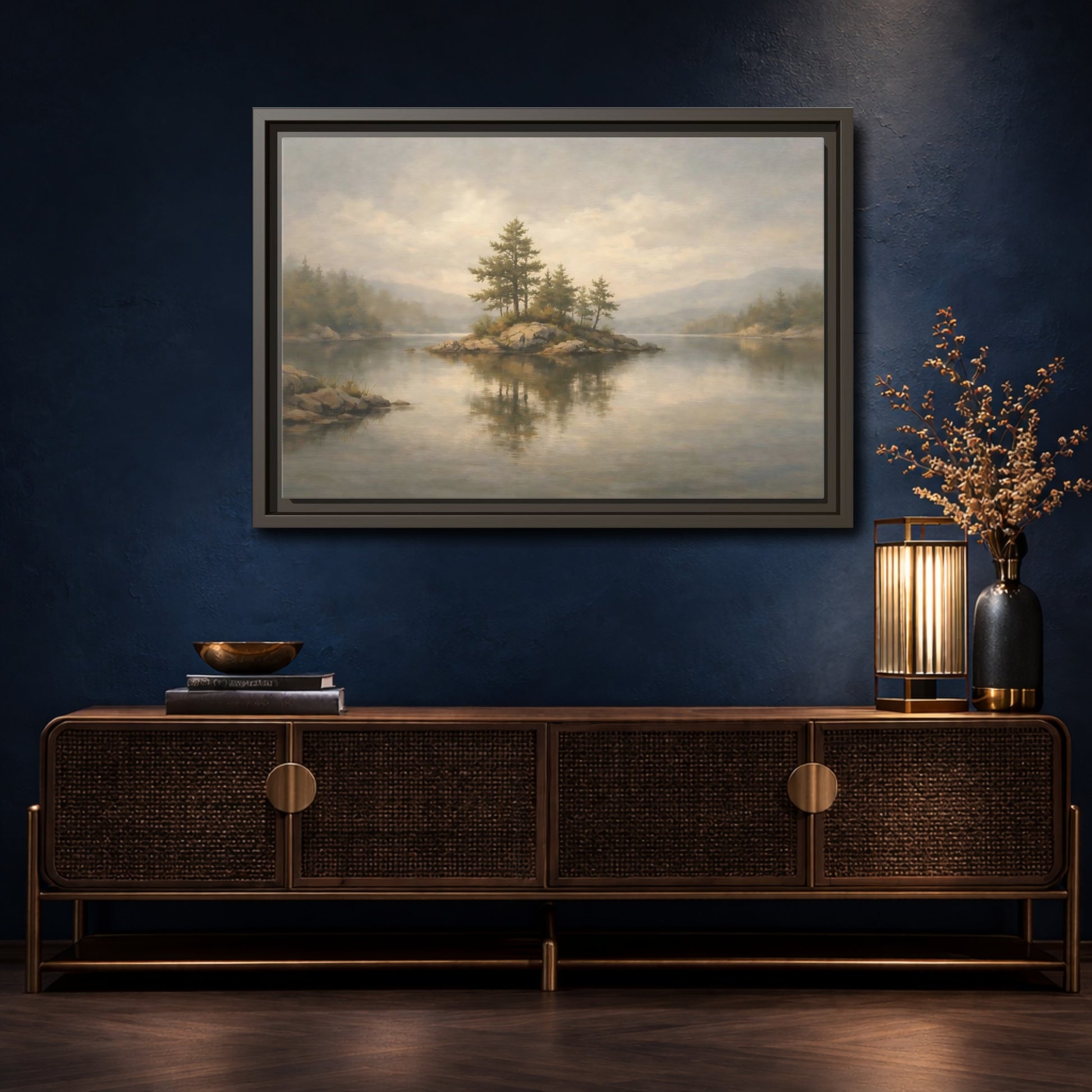 Mockup 4. Nature Lake Island Misty Landscape shown as stretched canvas wall art