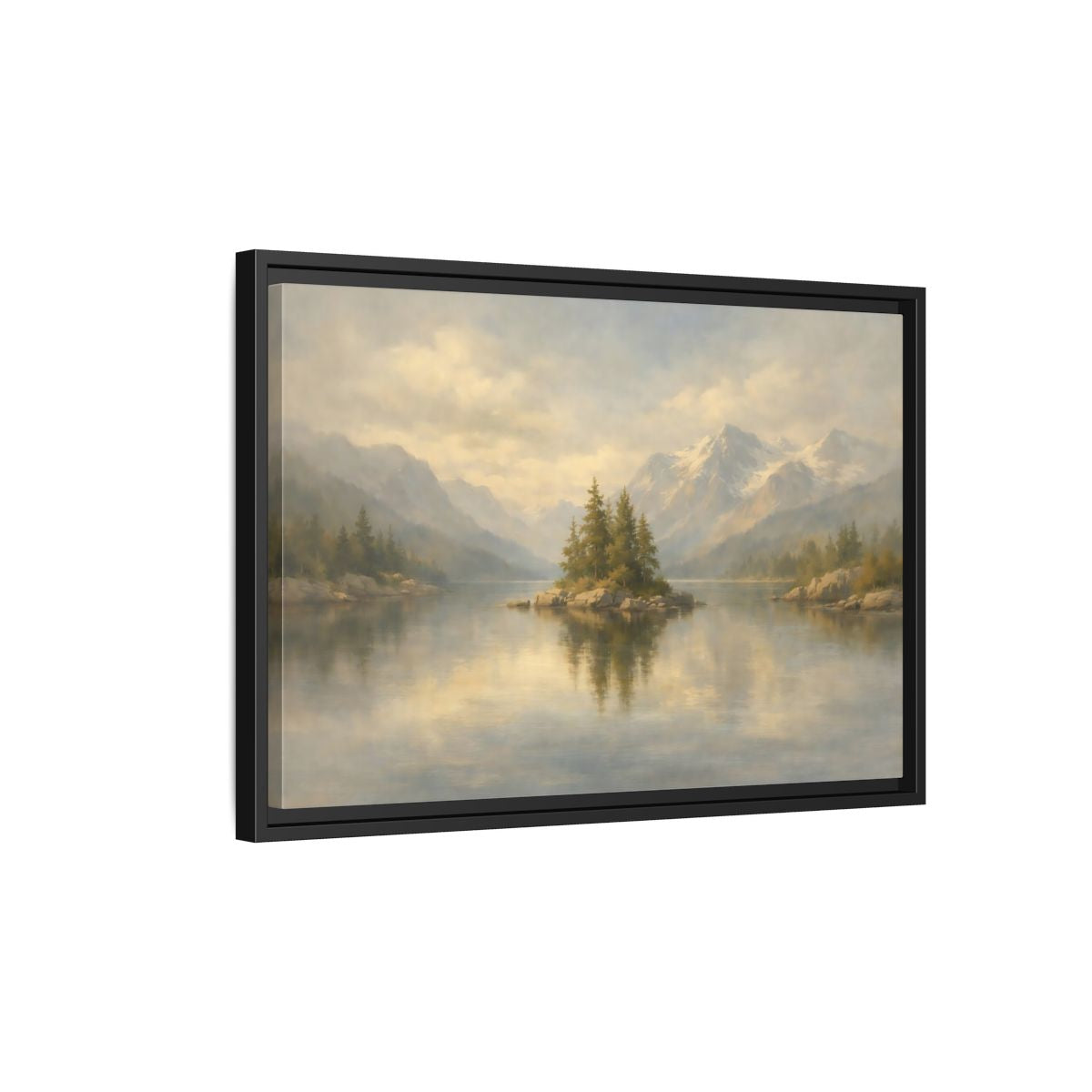 Side Mockup 3. Nature Lake Island Misty Mountain Lake shown as stretched canvas wall art