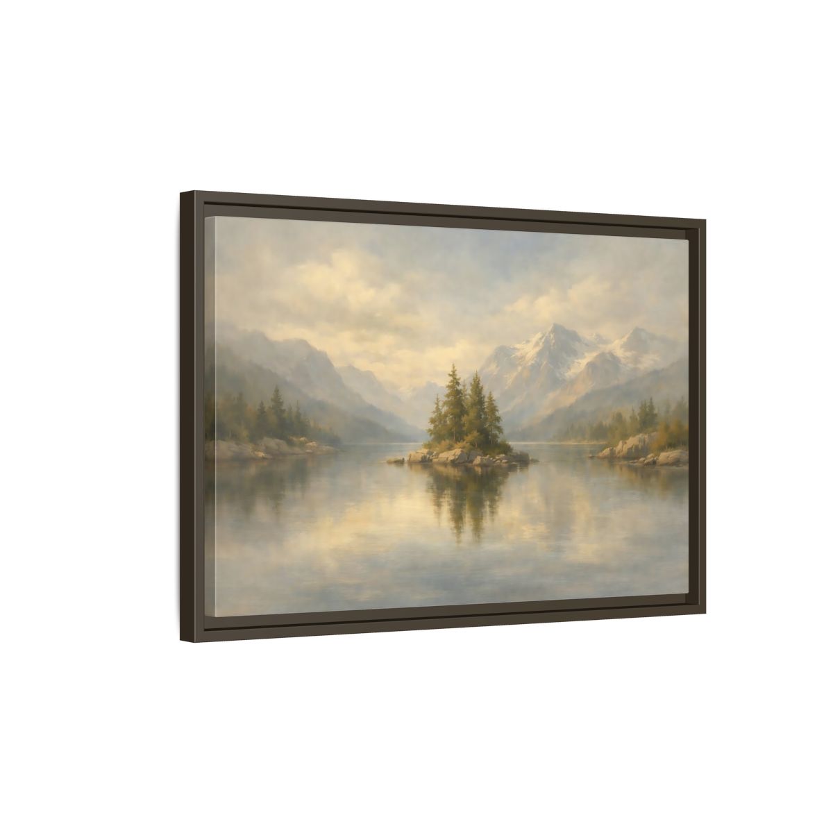 Side Mockup 2. Nature Lake Island Misty Mountain Lake shown as stretched canvas wall art