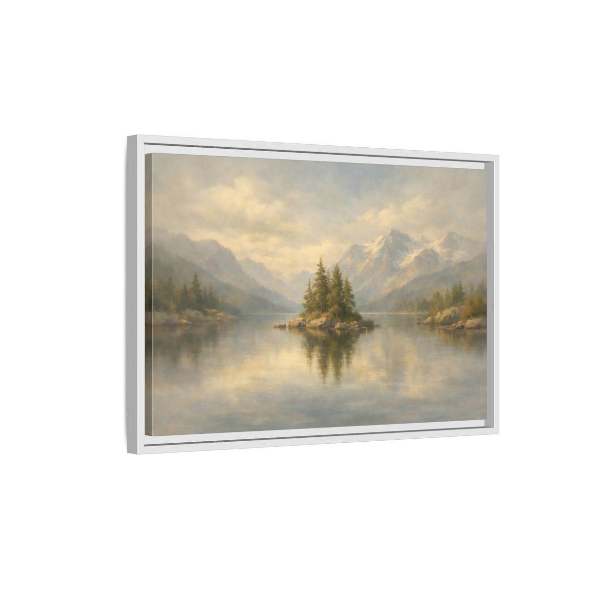 Side Mockup 1. Nature Lake Island Misty Mountain Lake shown as stretched canvas wall art