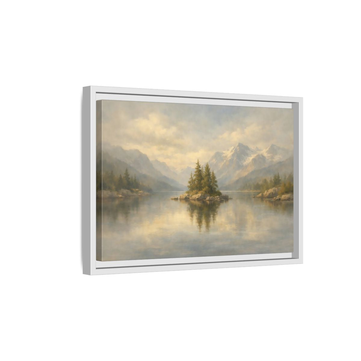 Side Mockup 4. Nature Lake Island Misty Mountain Lake shown as stretched canvas wall art
