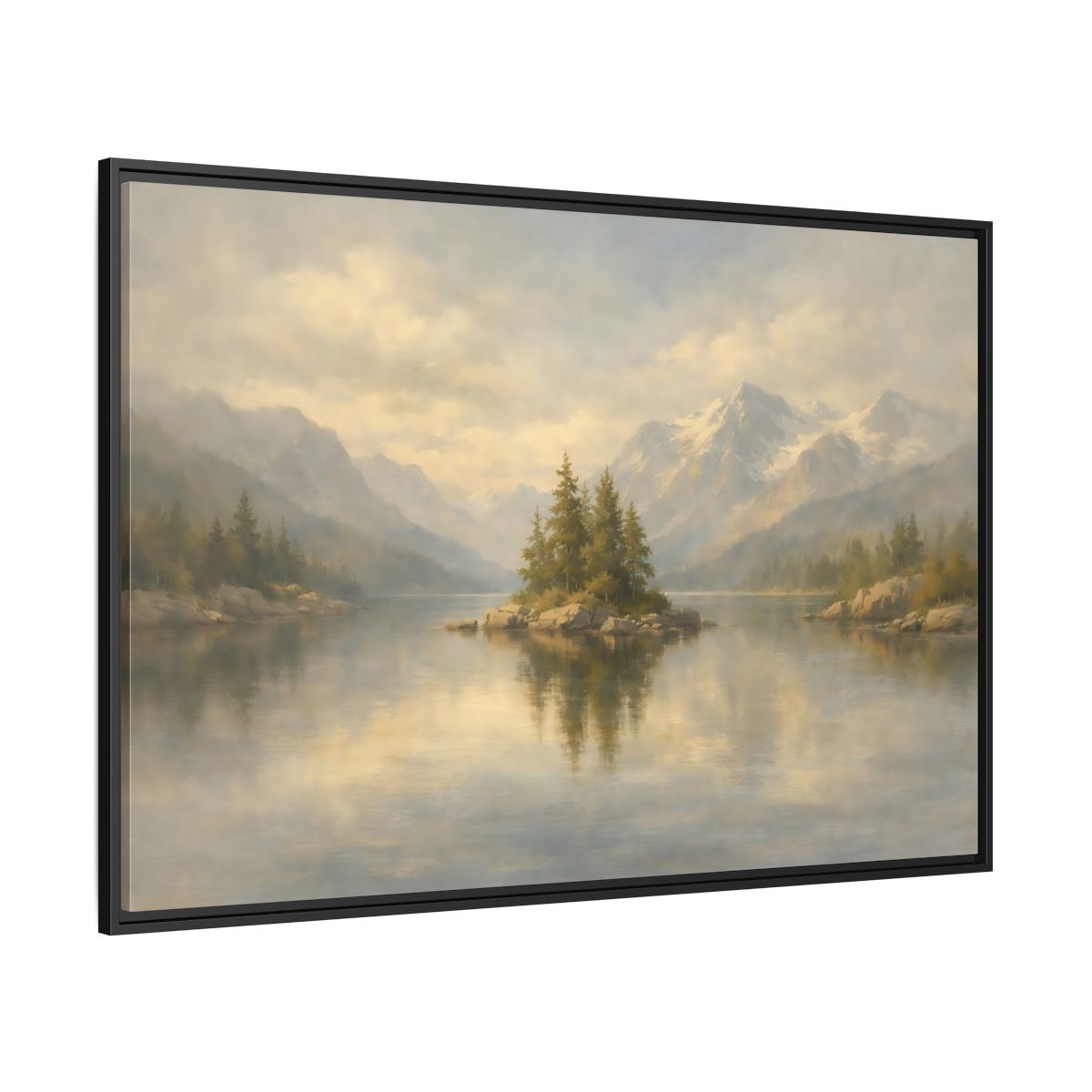 Side Mockup 12. Nature Lake Island Misty Mountain Lake shown as stretched canvas wall art