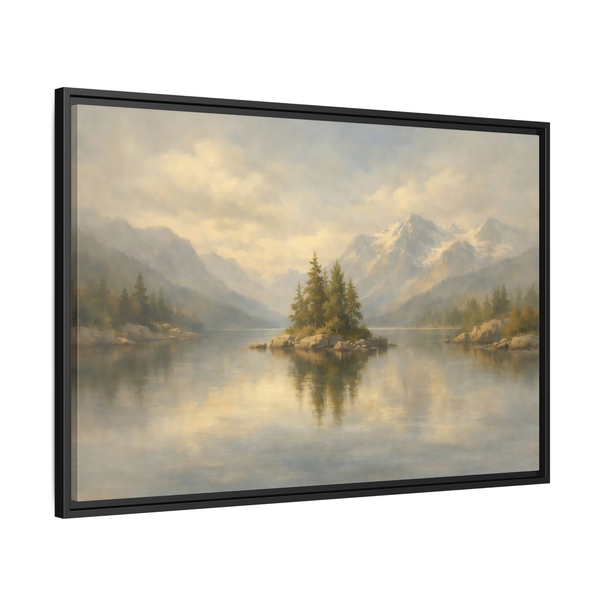 Side Mockup 13. Nature Lake Island Misty Mountain Lake shown as stretched canvas wall art