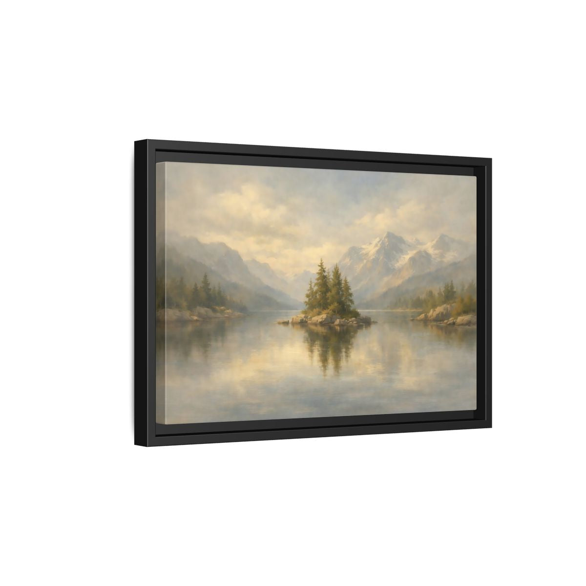 Side Mockup 6. Nature Lake Island Misty Mountain Lake shown as stretched canvas wall art