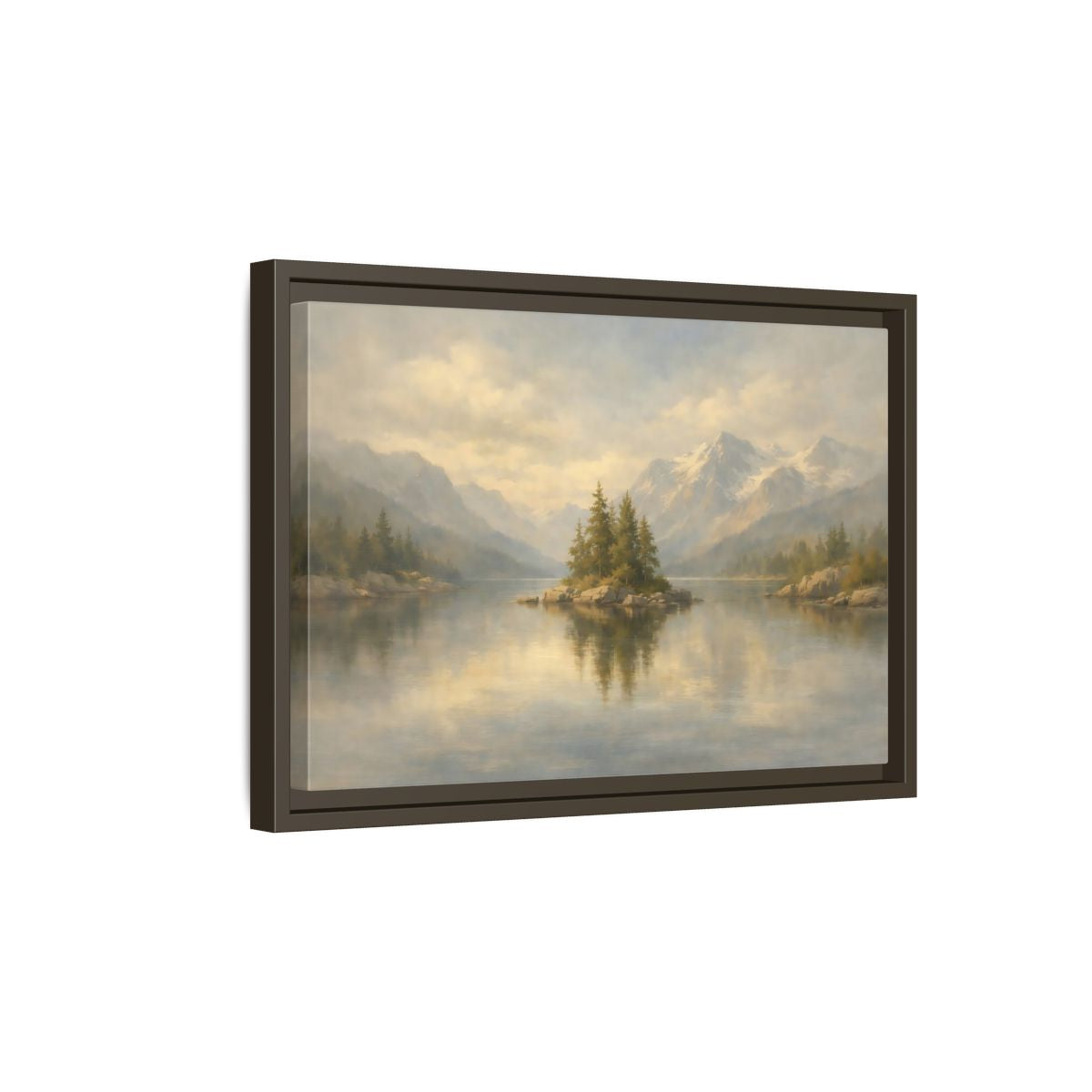 Side Mockup 5. Nature Lake Island Misty Mountain Lake shown as stretched canvas wall art