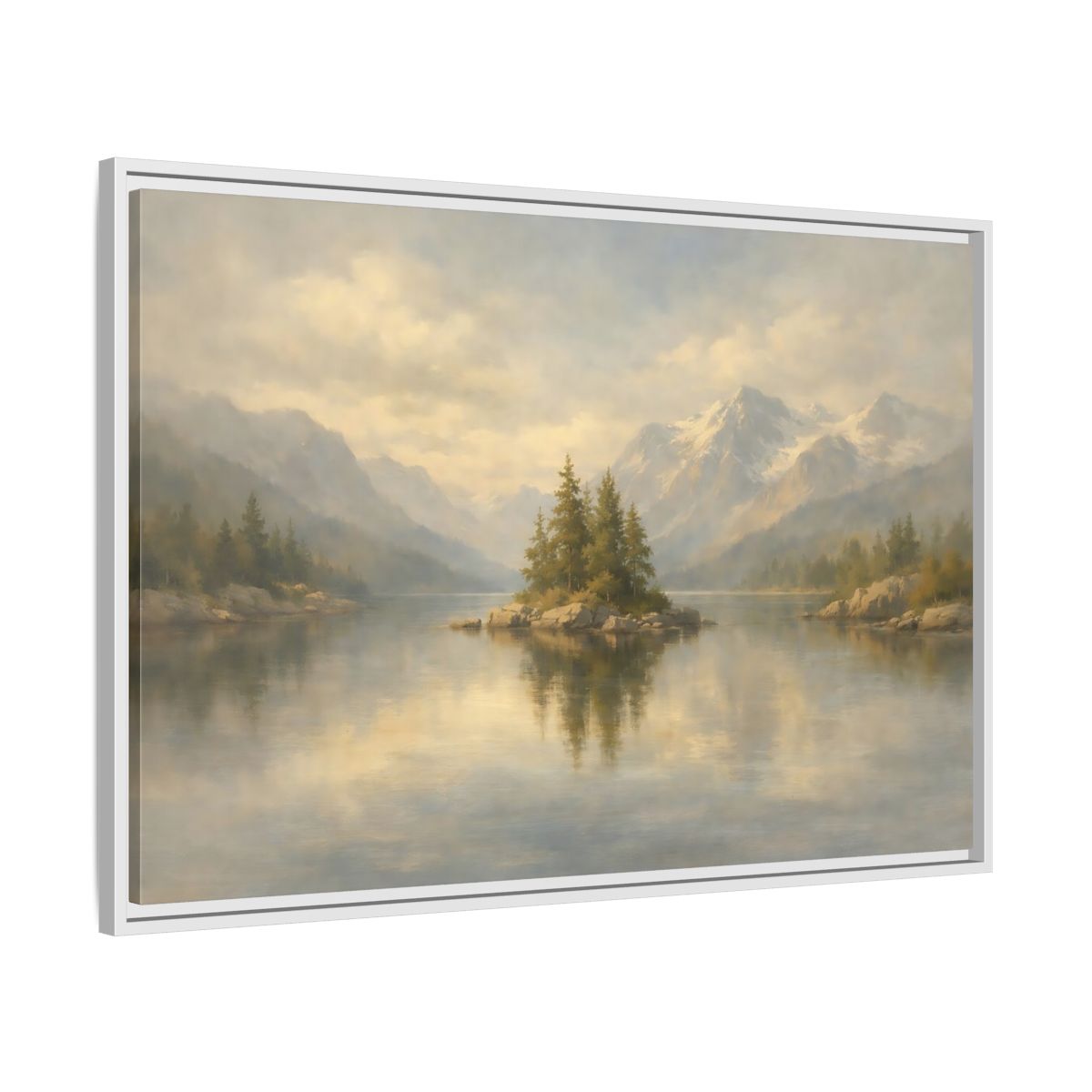 Side Mockup 8. Nature Lake Island Misty Mountain Lake shown as stretched canvas wall art