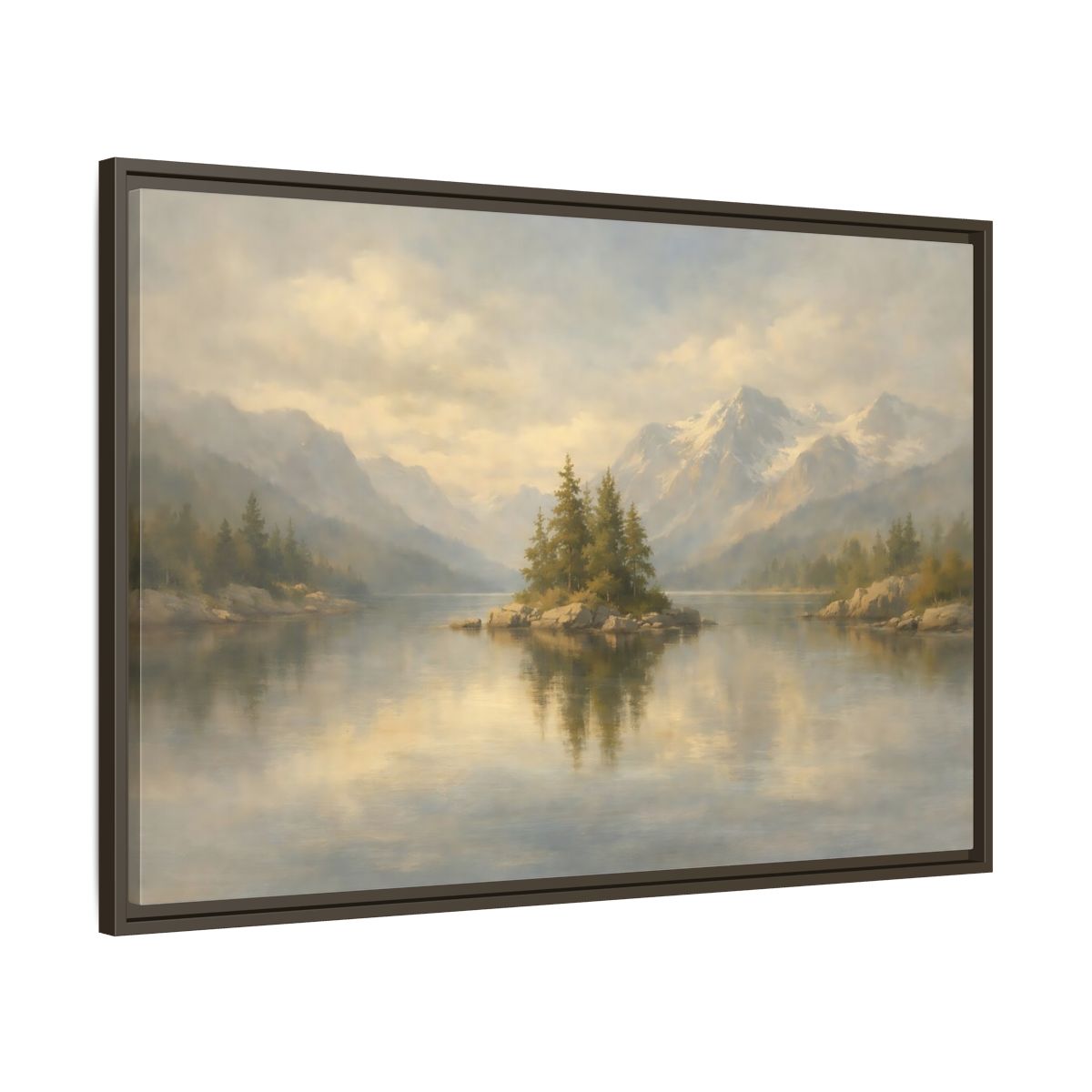 Side Mockup 9. Nature Lake Island Misty Mountain Lake shown as stretched canvas wall art