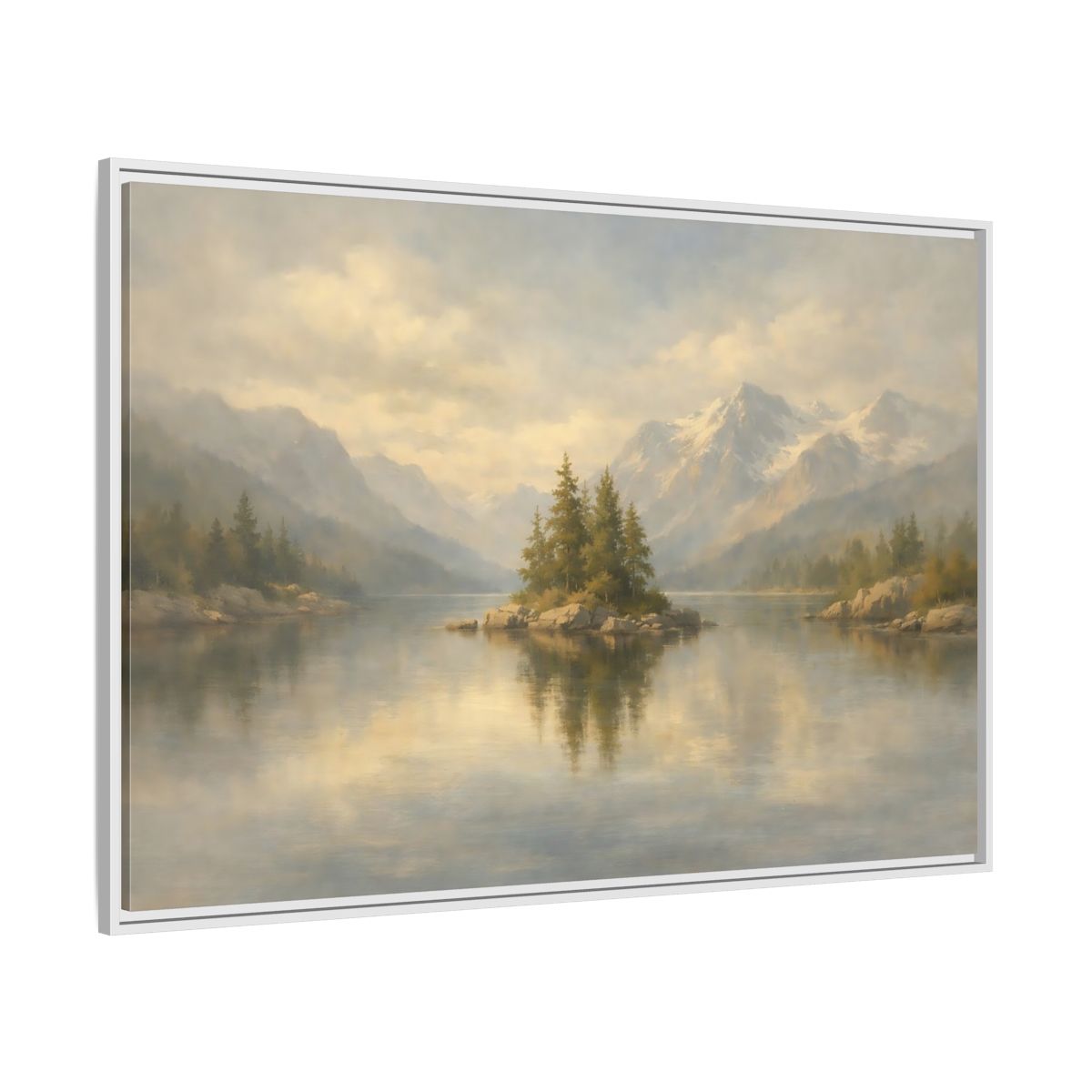 Side Mockup 7. Nature Lake Island Misty Mountain Lake shown as stretched canvas wall art