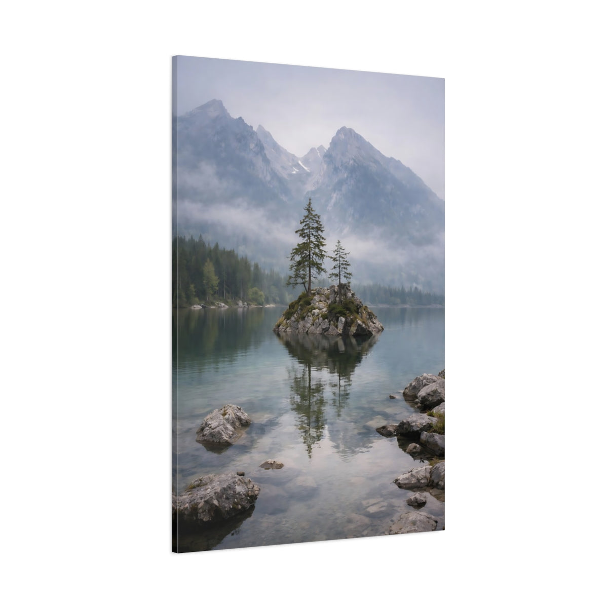 Main Mockup. Nature Lake Island Misty Mountain Lake shown as stretched canvas wall art
