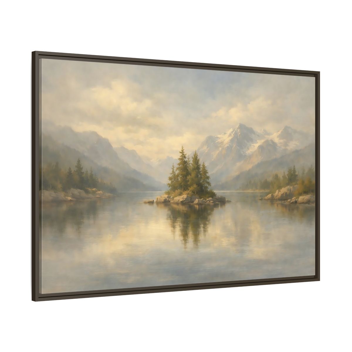 Main Mockup. Nature Lake Island Misty Mountain Lake shown as stretched canvas wall art