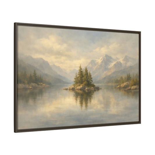 Main Mockup. Nature Lake Island Misty Mountain Lake shown as stretched canvas wall art