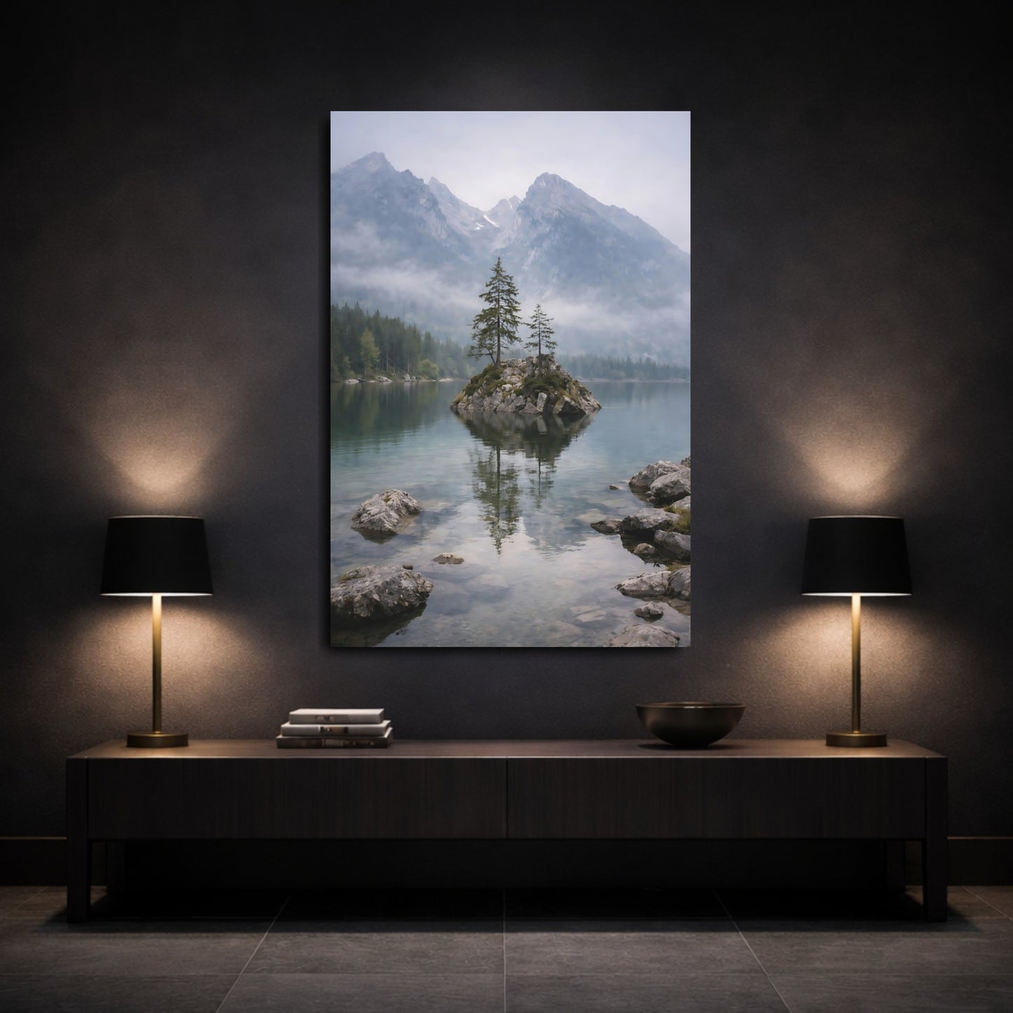 Mockup 2. Nature Lake Island Misty Mountain Lake shown as stretched canvas wall art