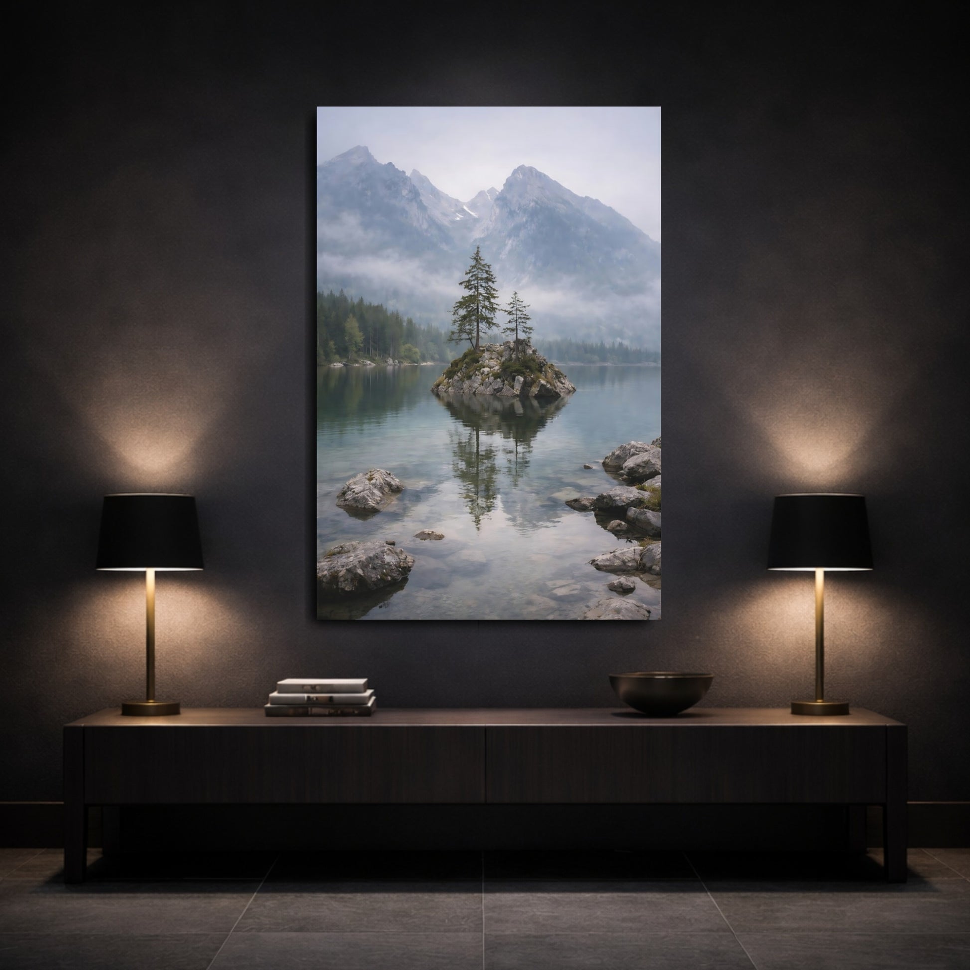 Mockup 2. Nature Lake Island Misty Mountain Lake shown as stretched canvas wall art