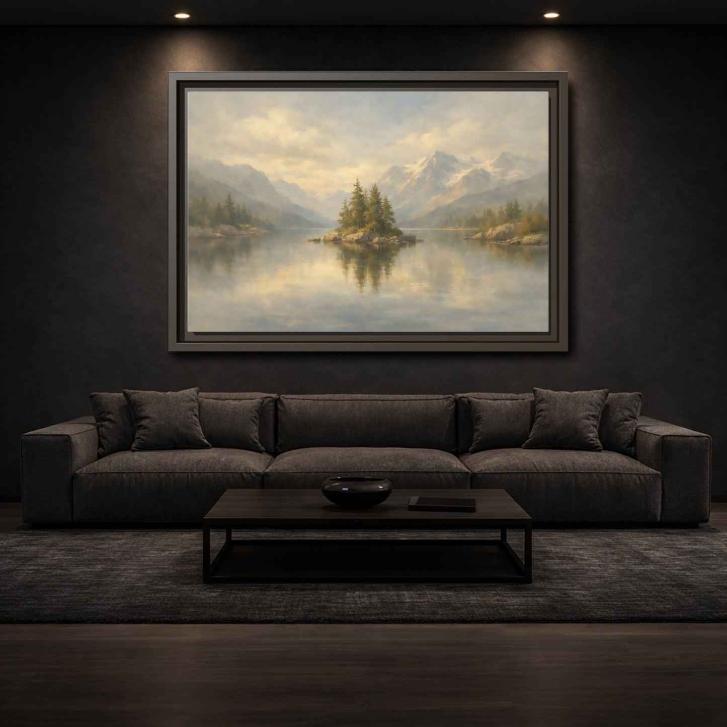Mockup 2. Nature Lake Island Misty Mountain Lake shown as stretched canvas wall art