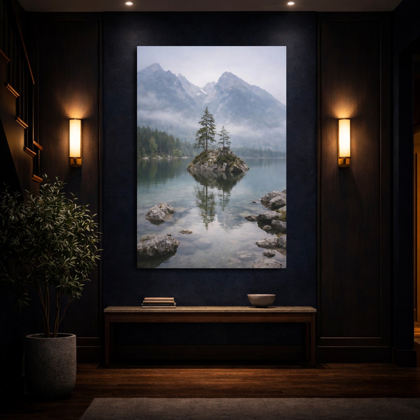 Mockup 3. Nature Lake Island Misty Mountain Lake shown as stretched canvas wall art