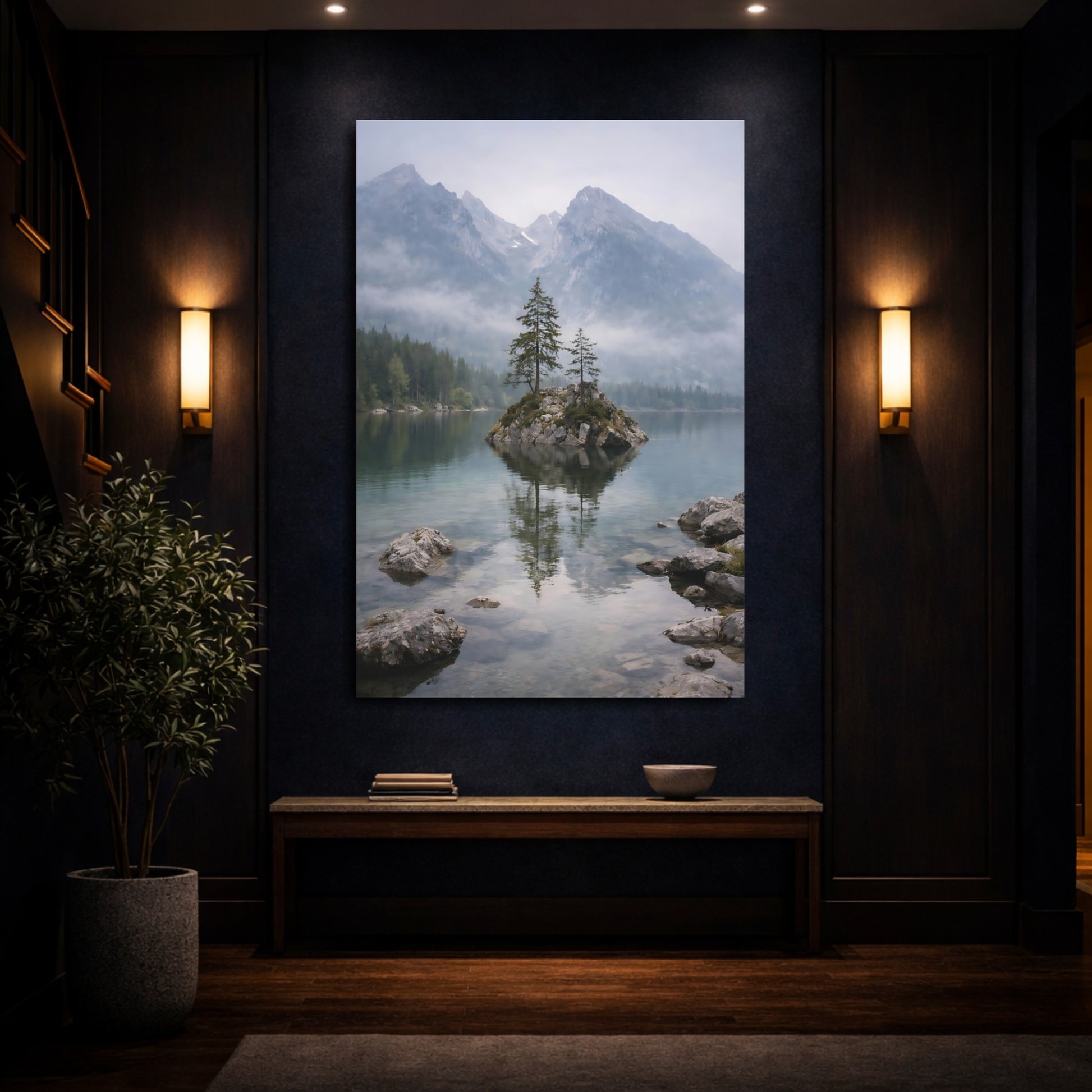 Mockup 3. Nature Lake Island Misty Mountain Lake shown as stretched canvas wall art