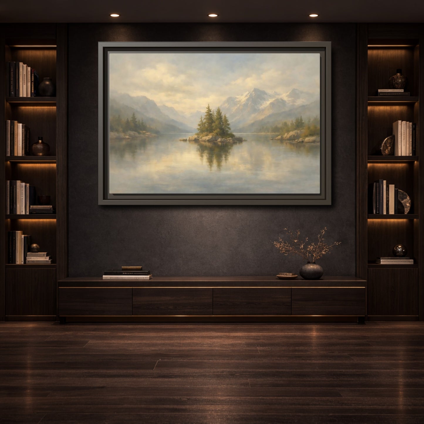 Mockup 3. Nature Lake Island Misty Mountain Lake shown as stretched canvas wall art