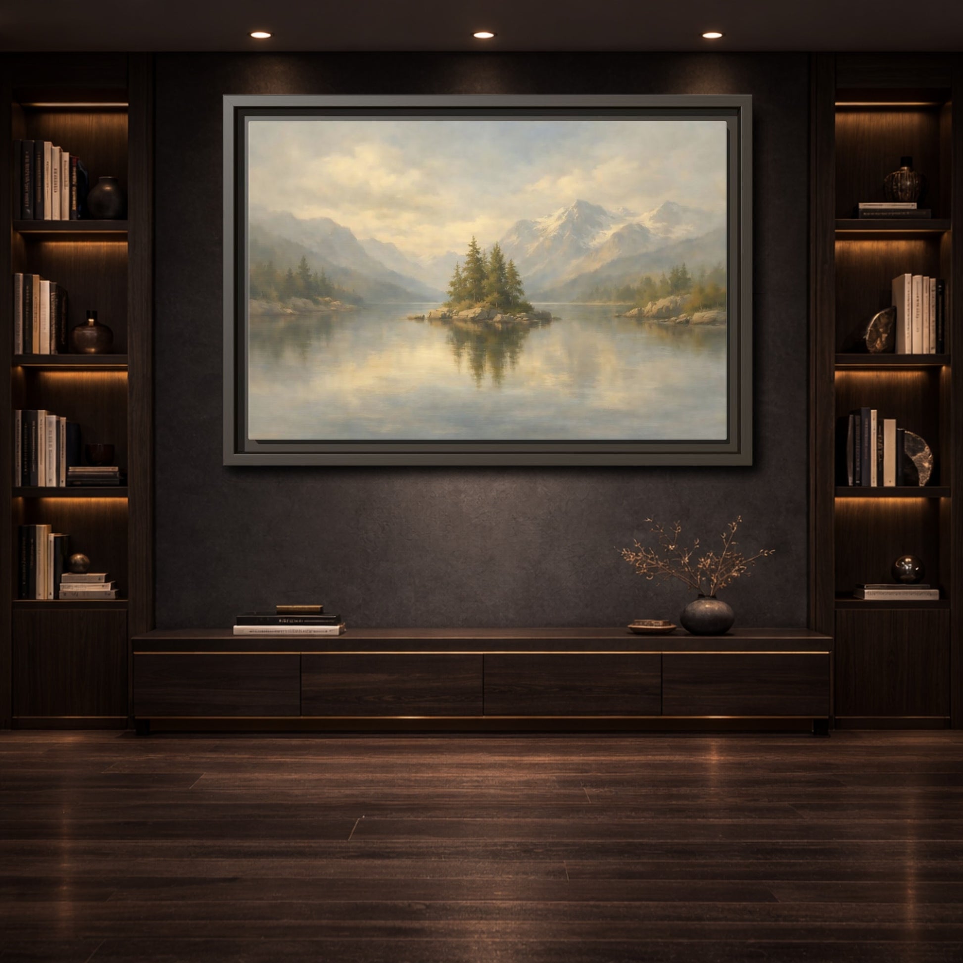 Mockup 3. Nature Lake Island Misty Mountain Lake shown as stretched canvas wall art