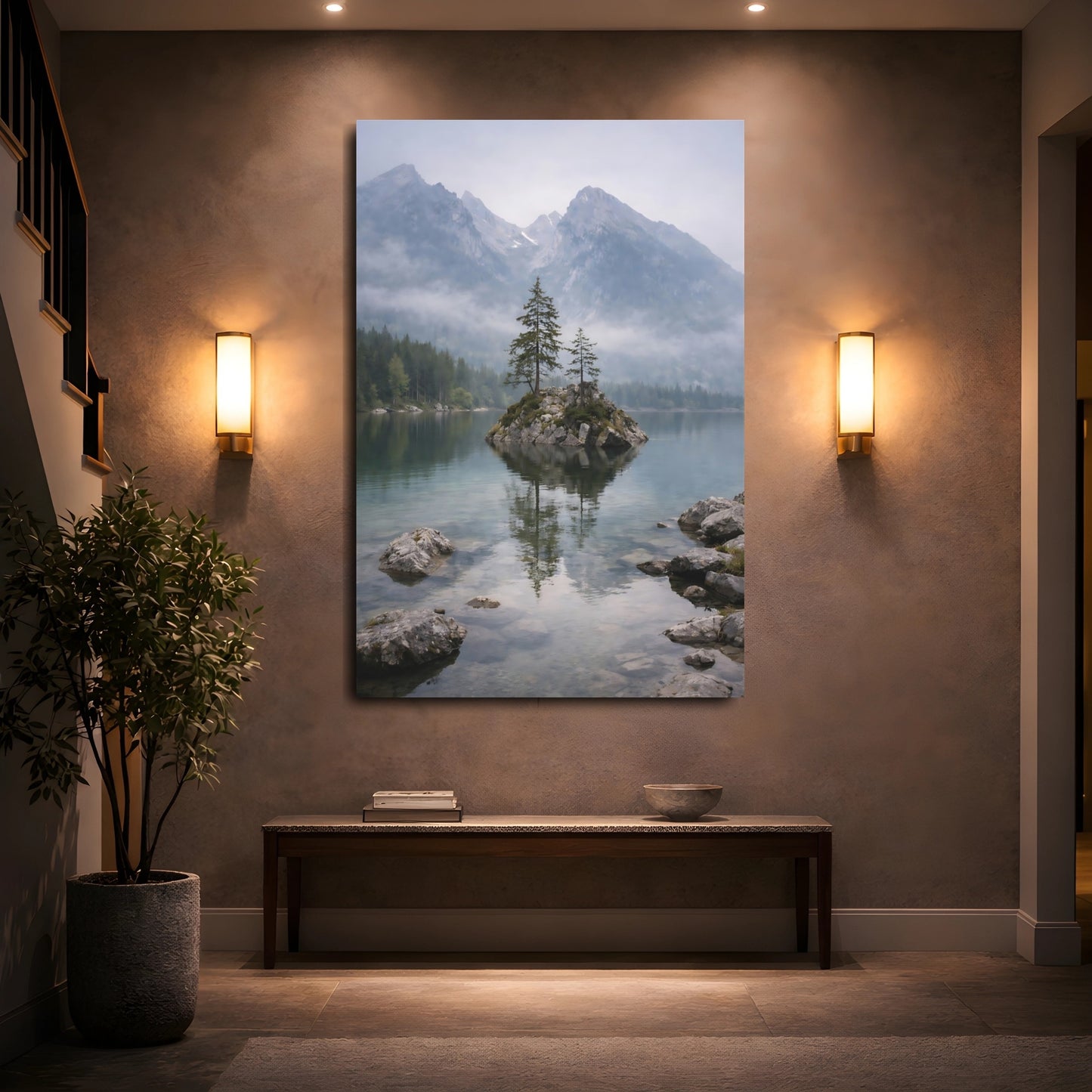 Mockup 4. Nature Lake Island Misty Mountain Lake shown as stretched canvas wall art