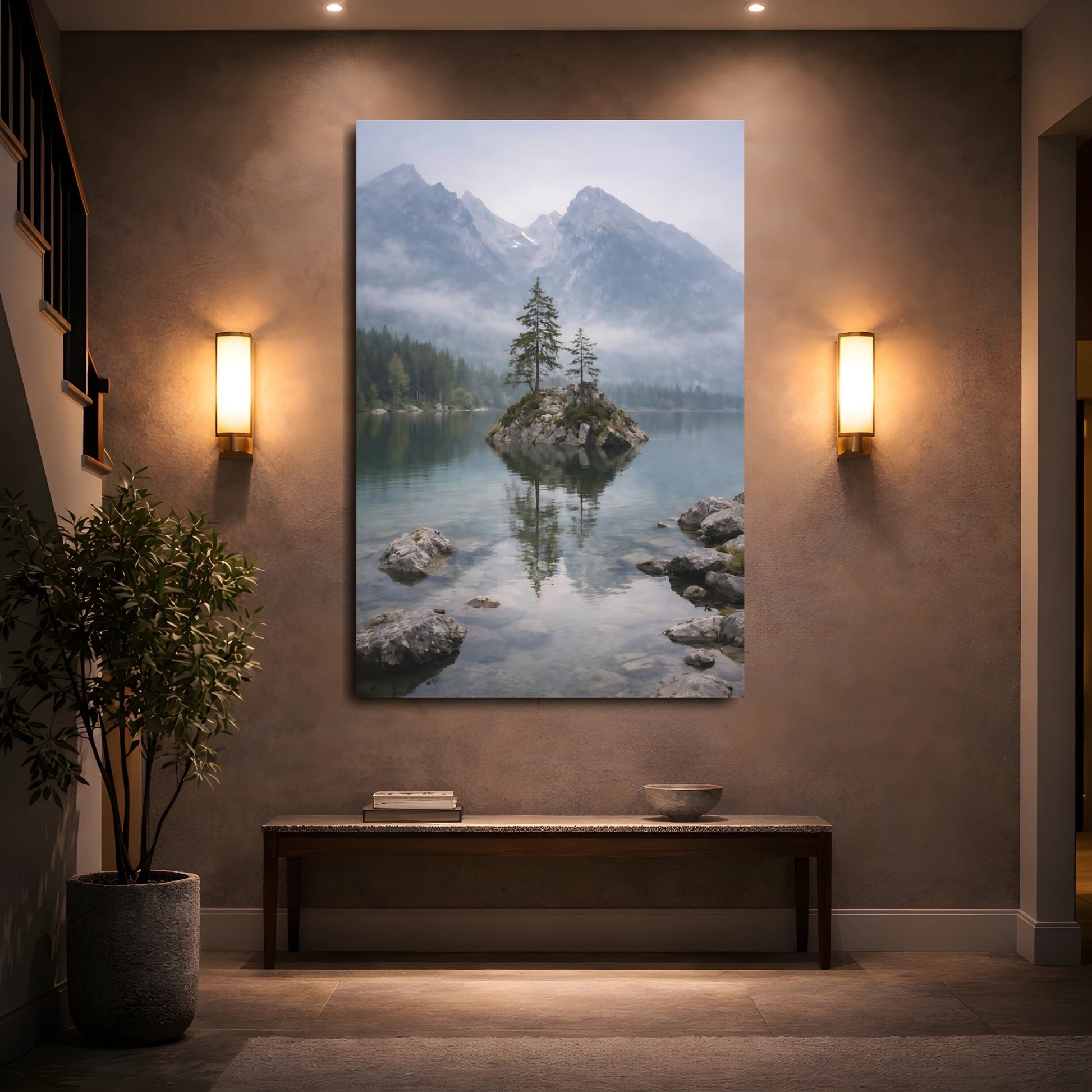 Mockup 4. Nature Lake Island Misty Mountain Lake shown as stretched canvas wall art