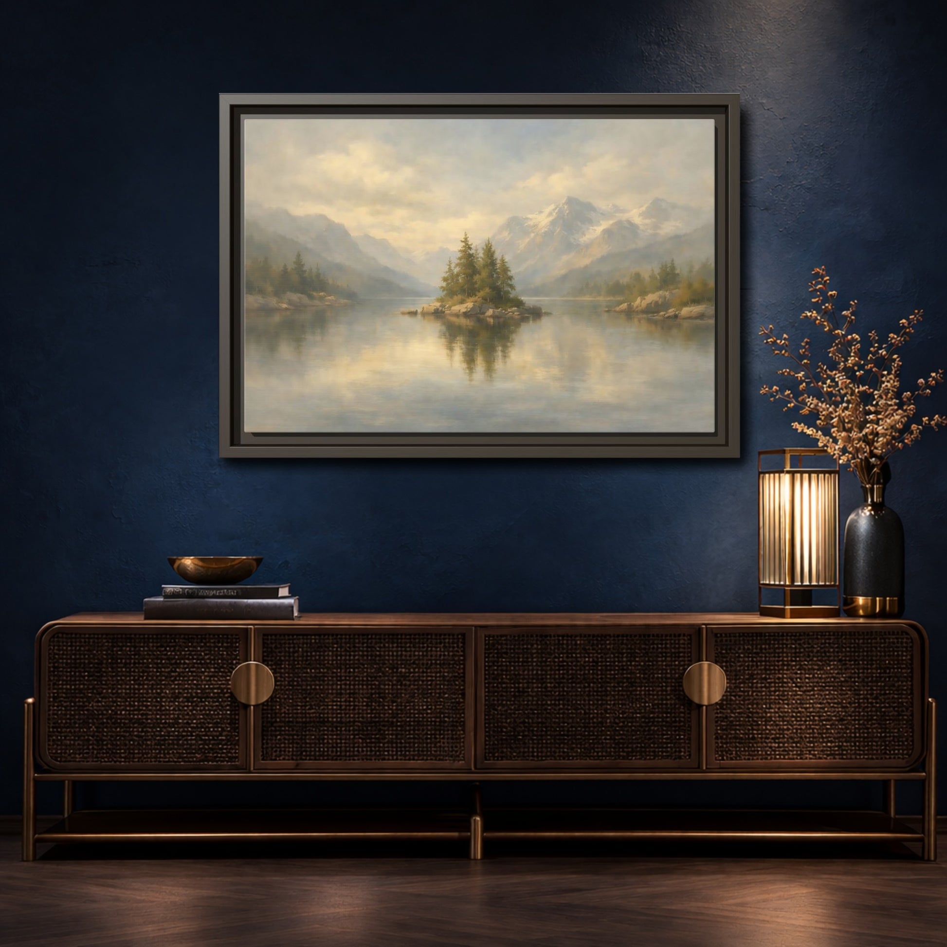 Mockup 4. Nature Lake Island Misty Mountain Lake shown as stretched canvas wall art