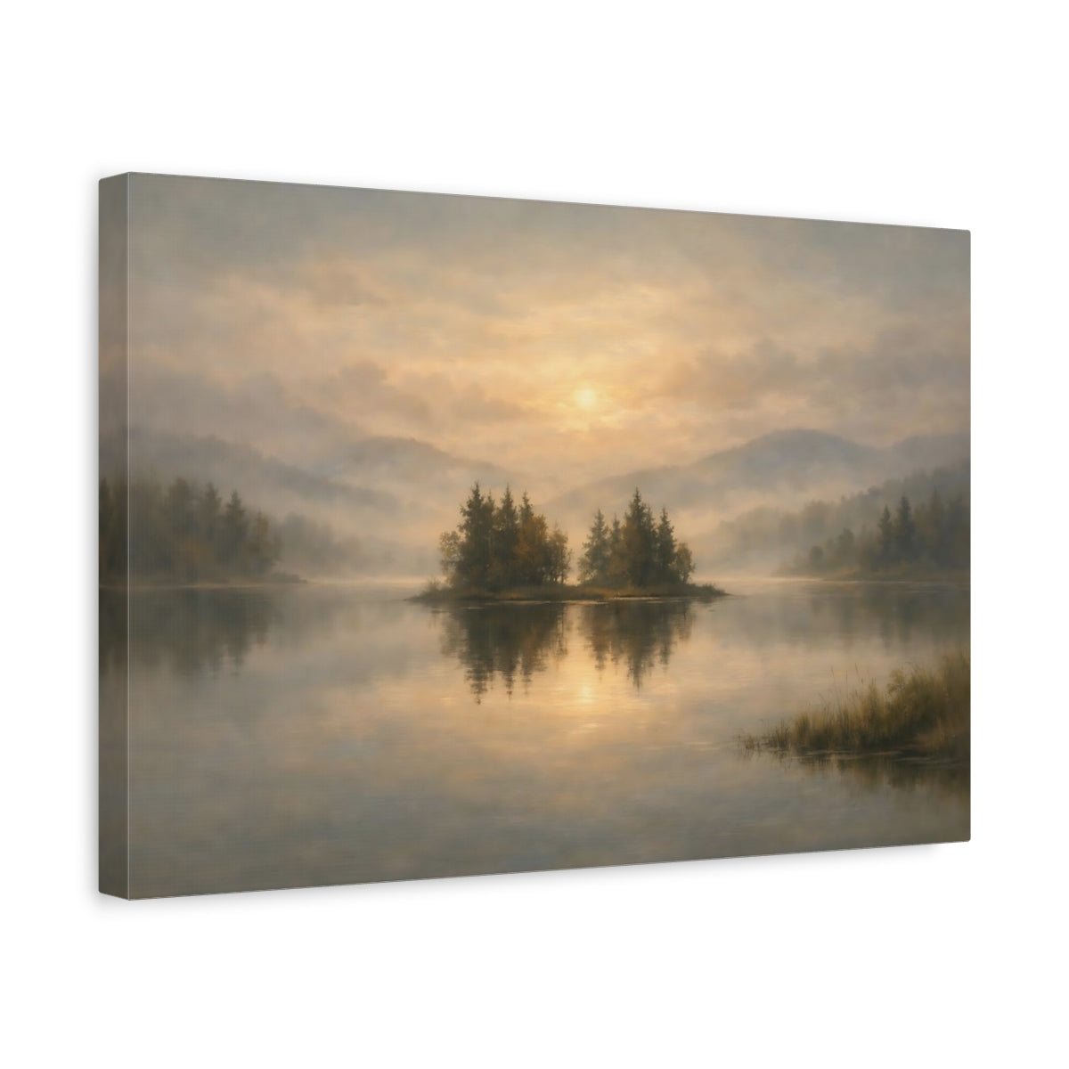 Side Mockup 4. Nature Lake Island Misty Lake Sunrise shown as stretched canvas wall art