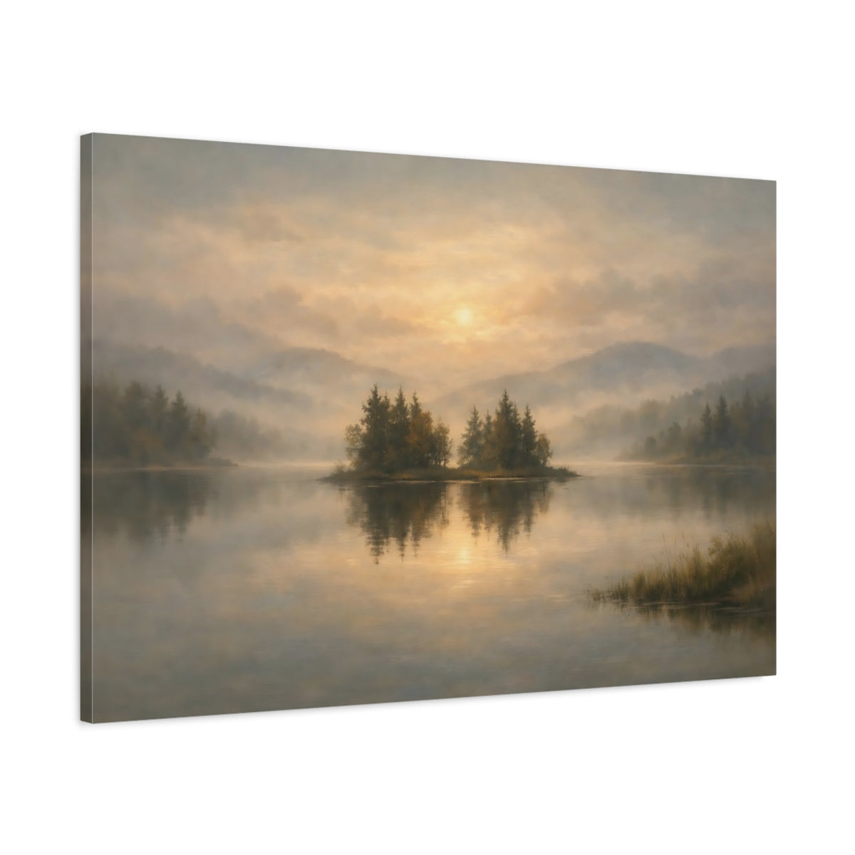 Side Mockup 1. Nature Lake Island Misty Lake Sunrise shown as stretched canvas wall art