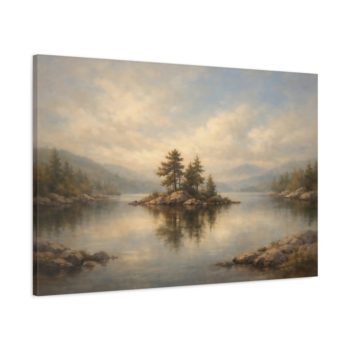 Side Mockup 1. Nature Lake Island Misty Lake View shown as stretched canvas wall art