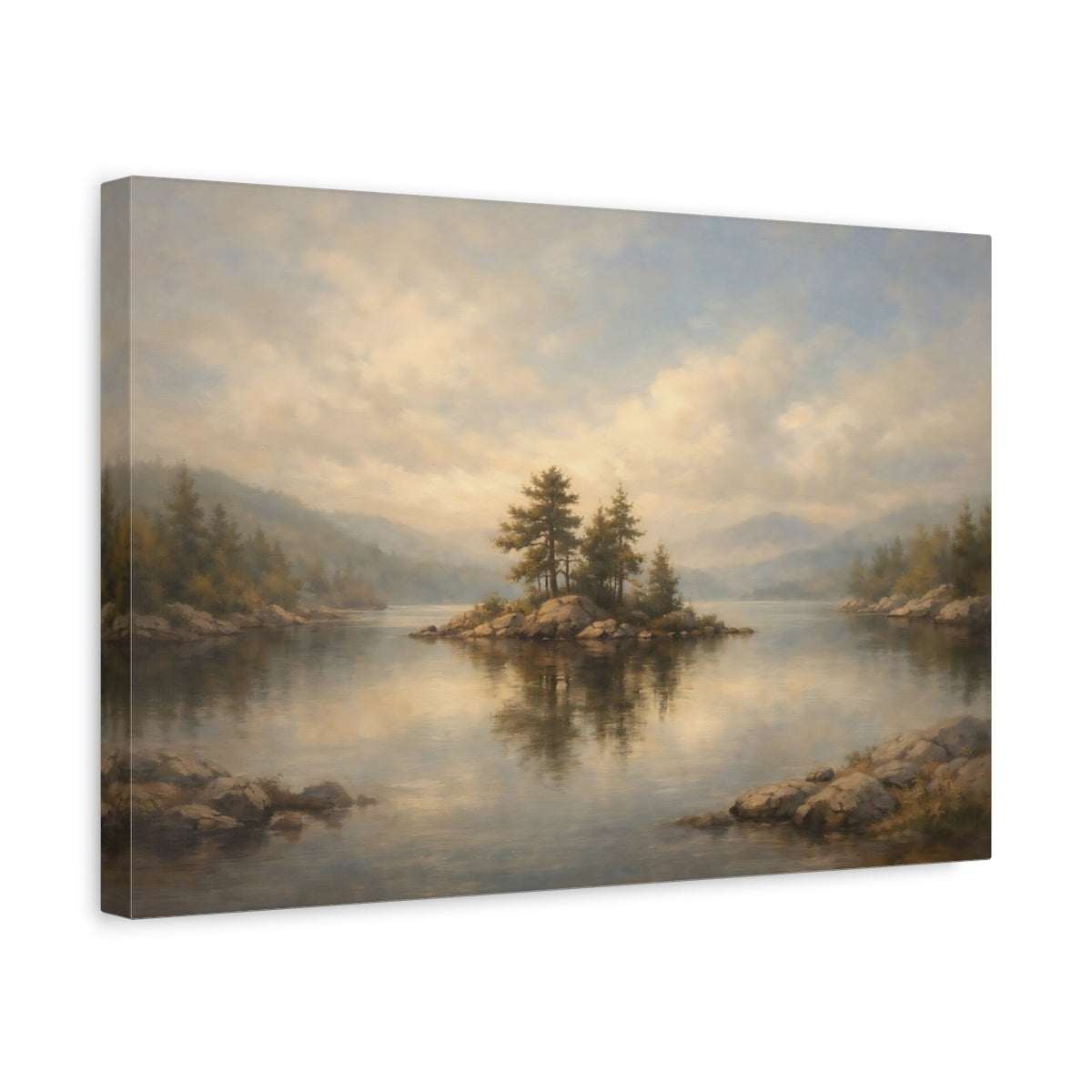Side Mockup 4. Nature Lake Island Misty Lake View shown as stretched canvas wall art