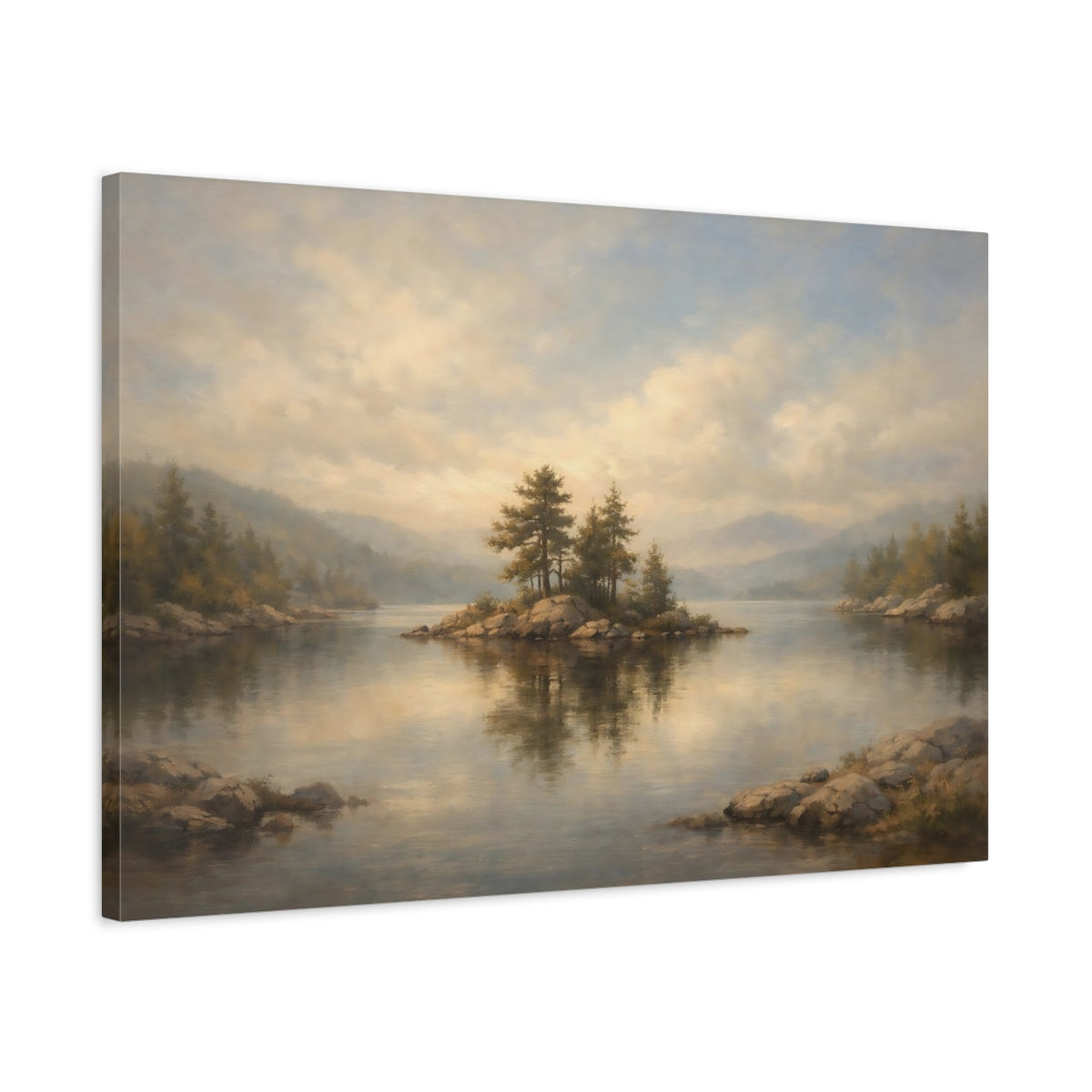Side Mockup 2. Nature Lake Island Misty Lake View shown as stretched canvas wall art