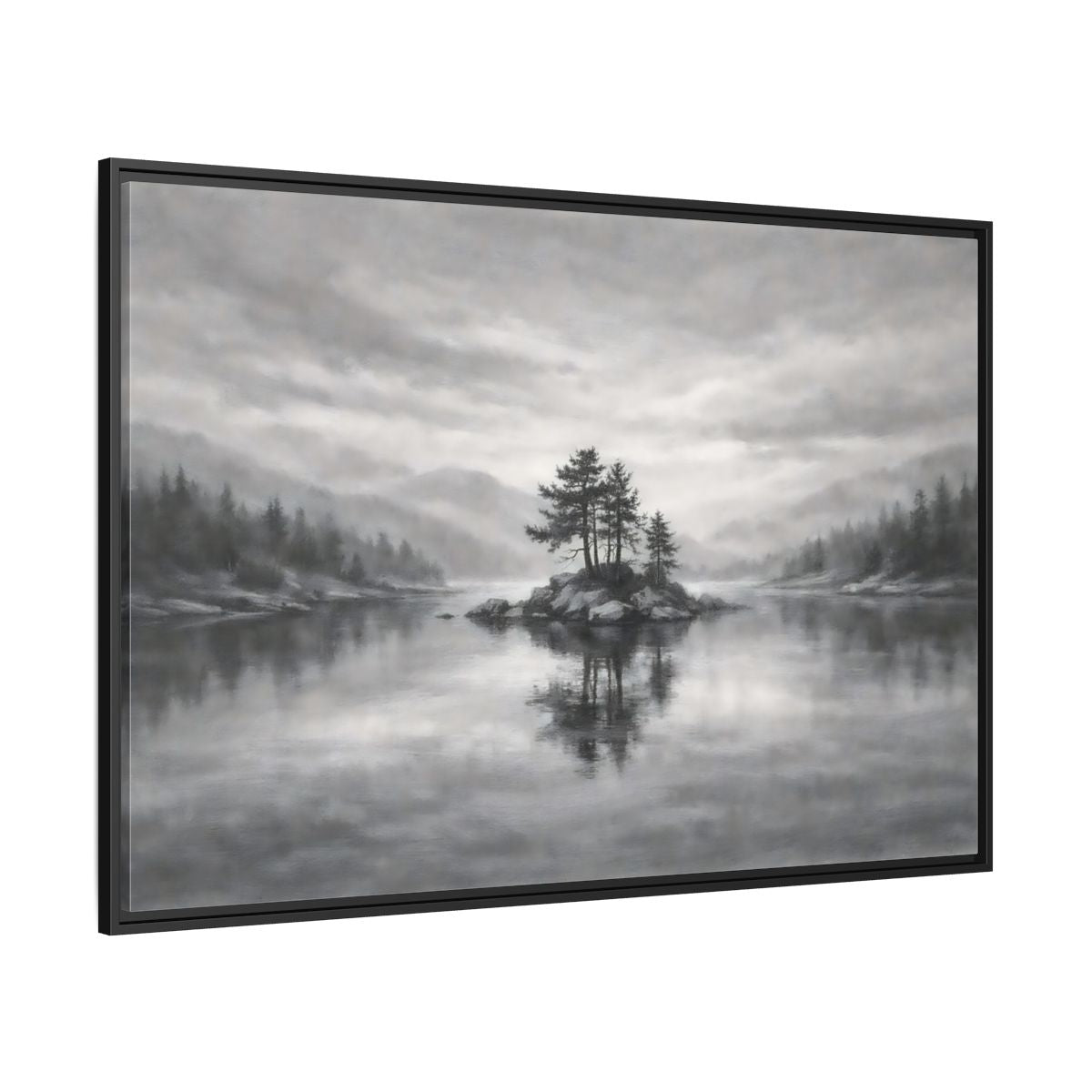 Side Mockup 12. Nature Lake Island Monochrome Lake shown as stretched canvas wall art