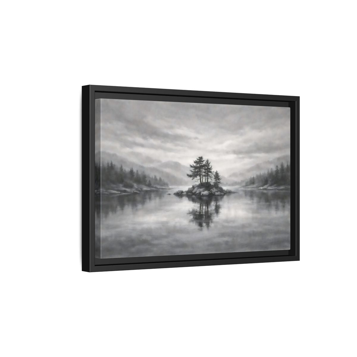 Side Mockup 6. Nature Lake Island Monochrome Lake shown as stretched canvas wall art