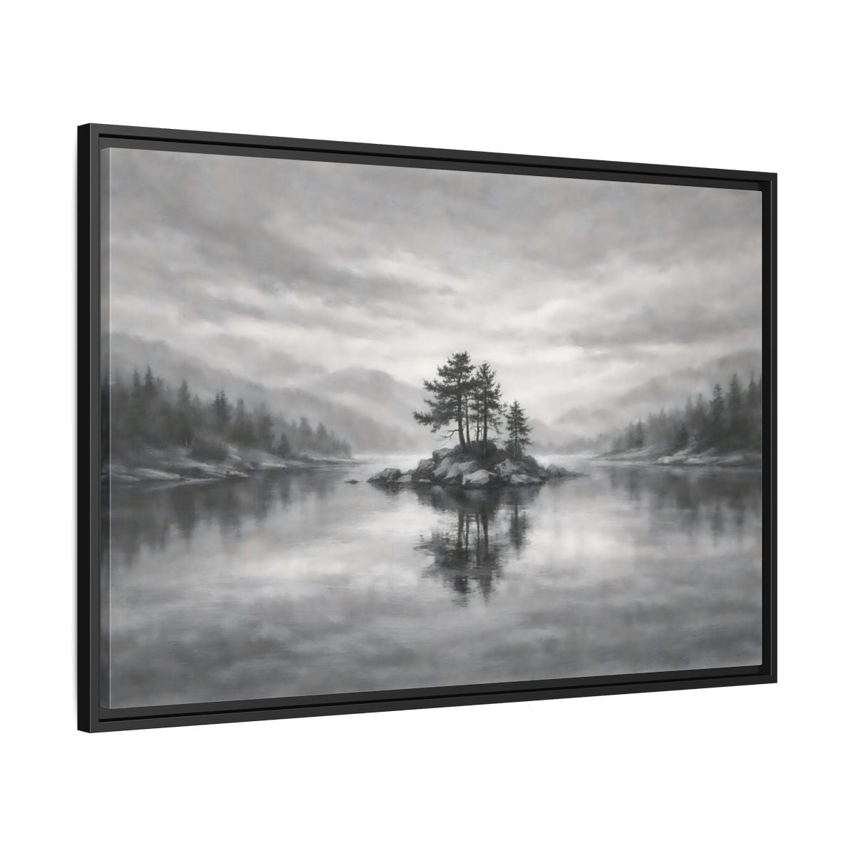 Side Mockup 13. Nature Lake Island Monochrome Lake shown as stretched canvas wall art