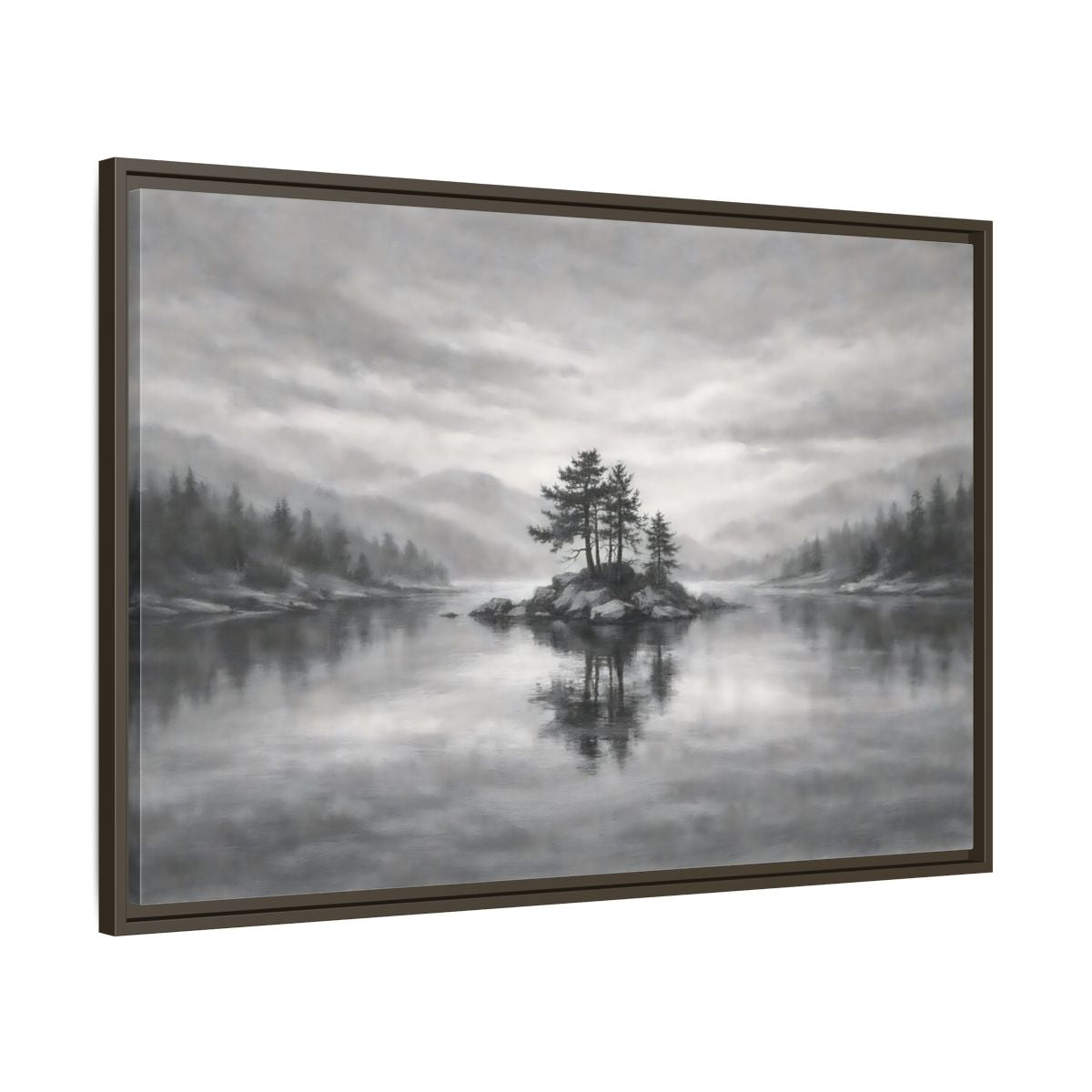 Side Mockup 9. Nature Lake Island Monochrome Lake shown as stretched canvas wall art