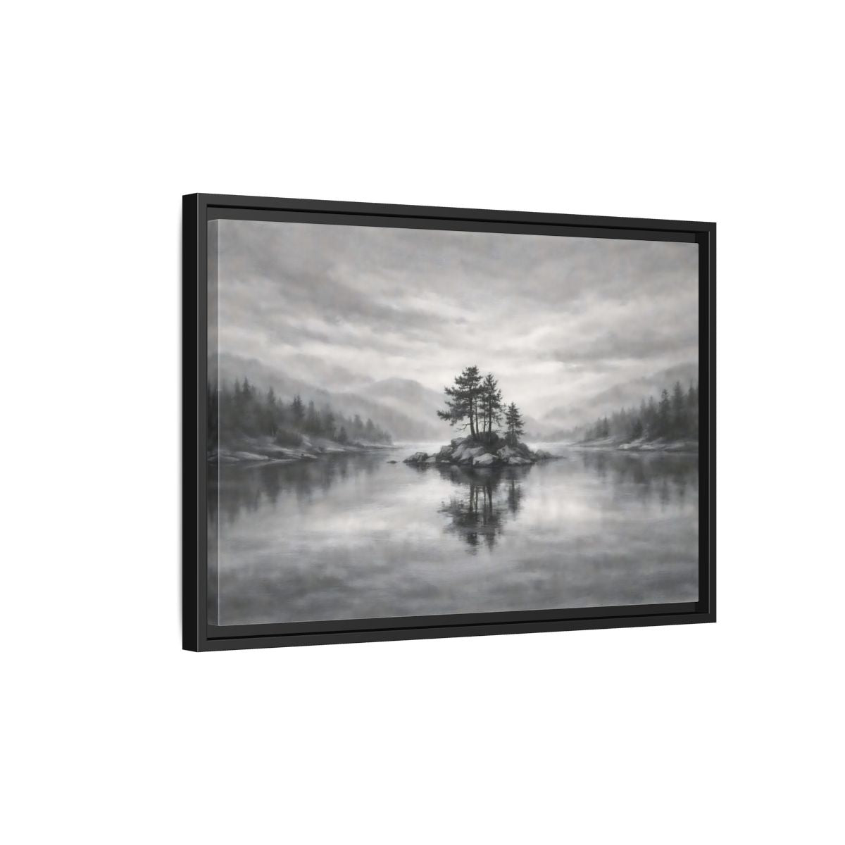 Side Mockup 3. Nature Lake Island Monochrome Lake shown as stretched canvas wall art