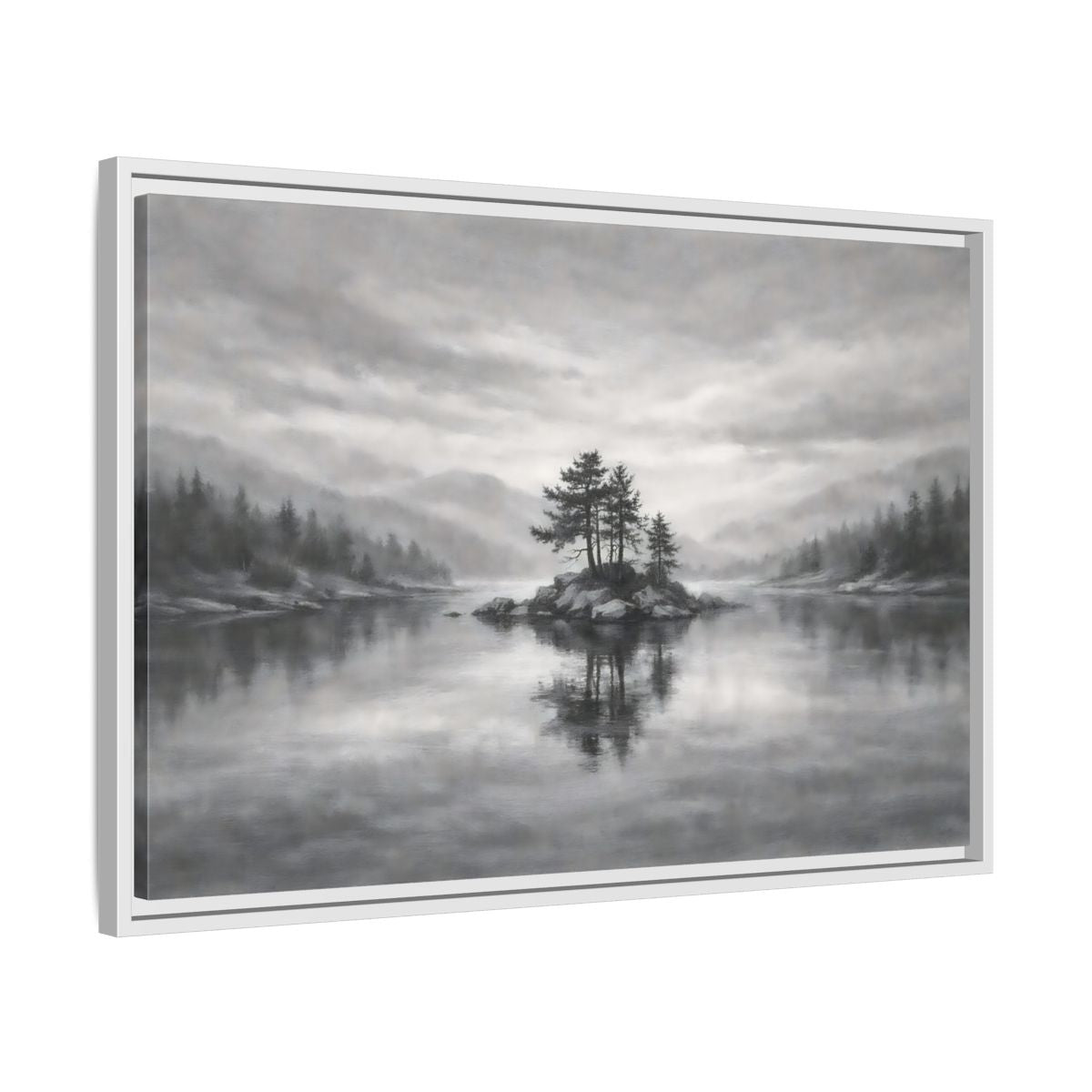 Side Mockup 10. Nature Lake Island Monochrome Lake shown as stretched canvas wall art