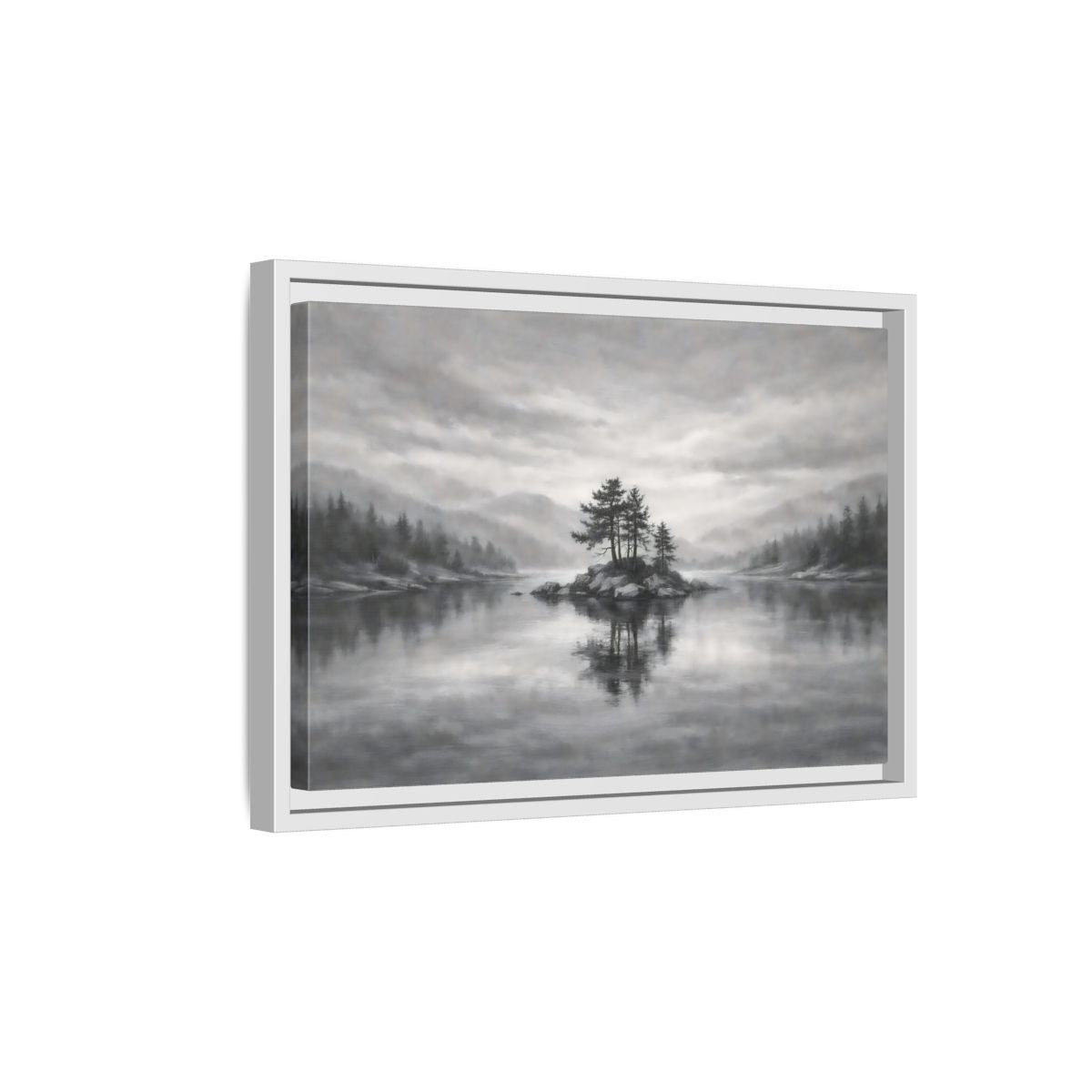 Side Mockup 4. Nature Lake Island Monochrome Lake shown as stretched canvas wall art
