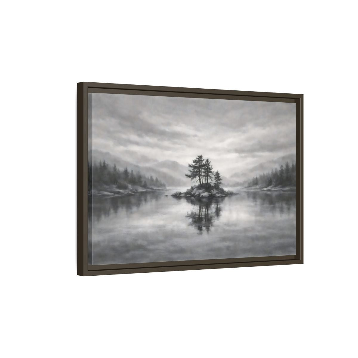Side Mockup 2. Nature Lake Island Monochrome Lake shown as stretched canvas wall art