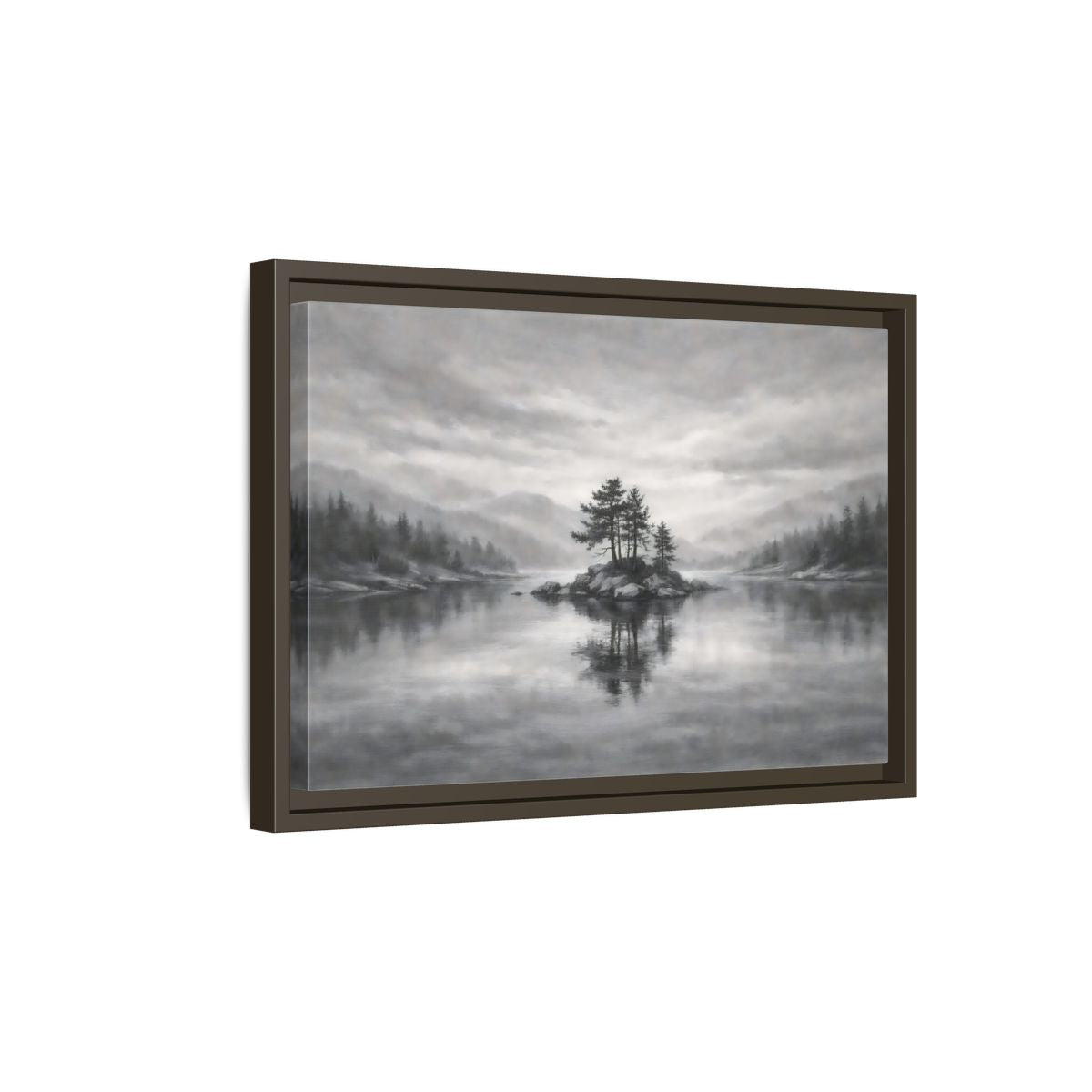 Side Mockup 5. Nature Lake Island Monochrome Lake shown as stretched canvas wall art