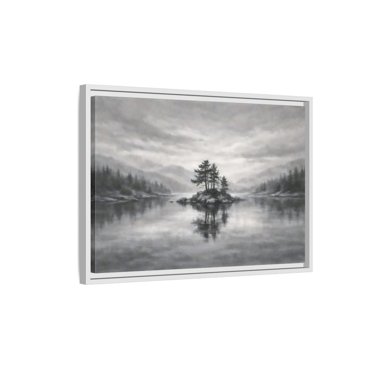 Side Mockup 1. Nature Lake Island Monochrome Lake shown as stretched canvas wall art
