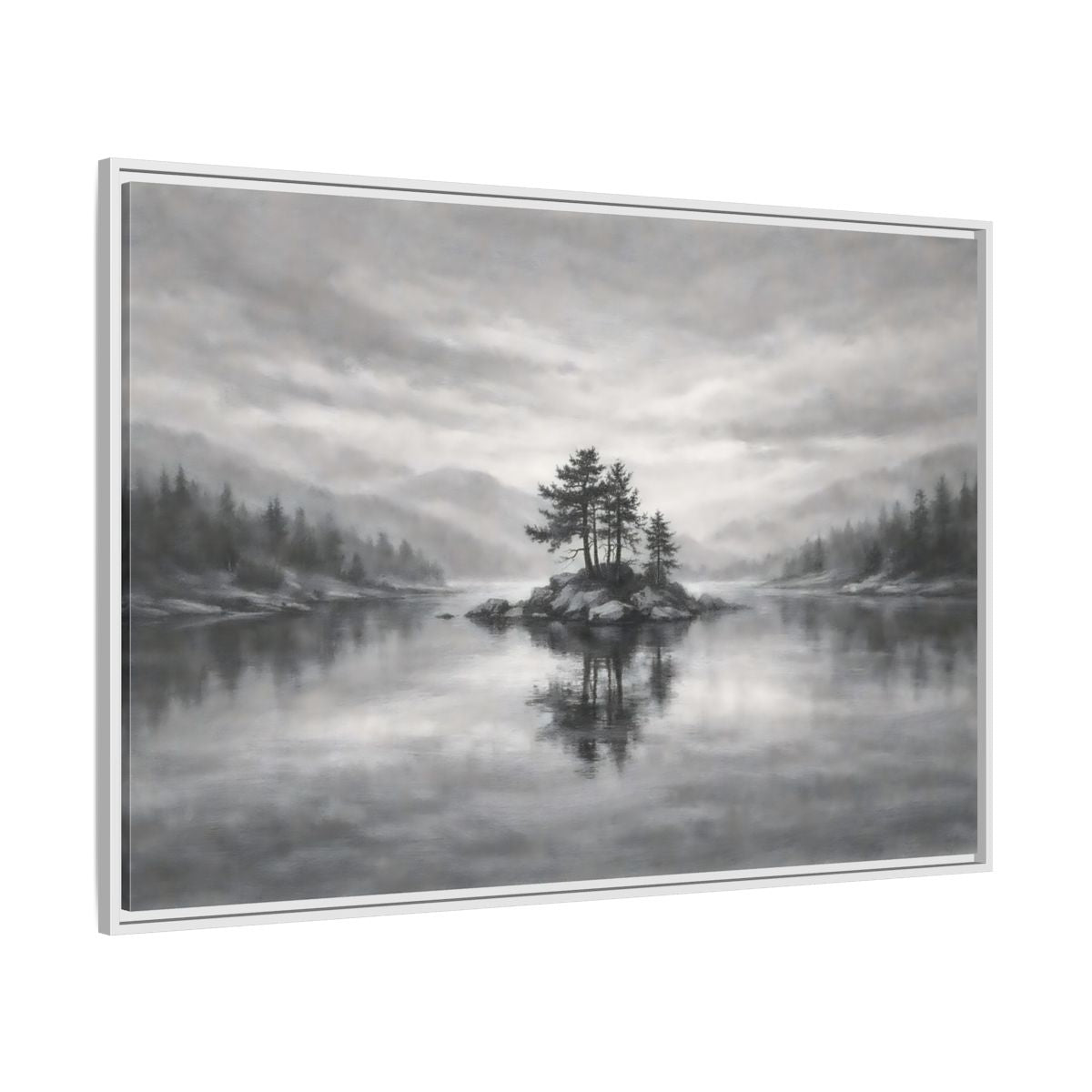 Side Mockup 7. Nature Lake Island Monochrome Lake shown as stretched canvas wall art