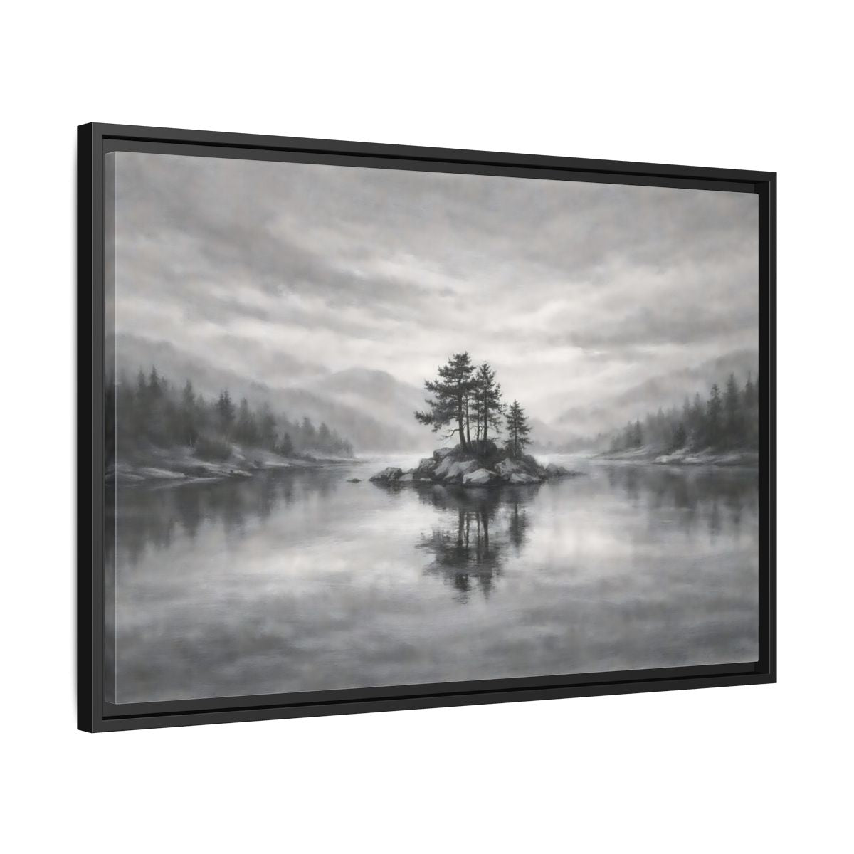 Side Mockup 14. Nature Lake Island Monochrome Lake shown as stretched canvas wall art