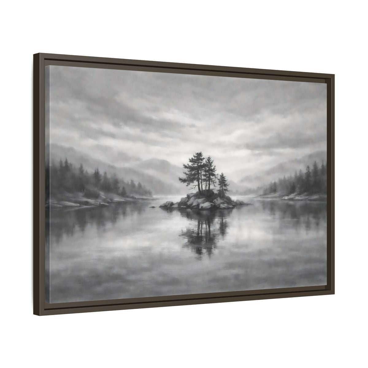 Side Mockup 11. Nature Lake Island Monochrome Lake shown as stretched canvas wall art