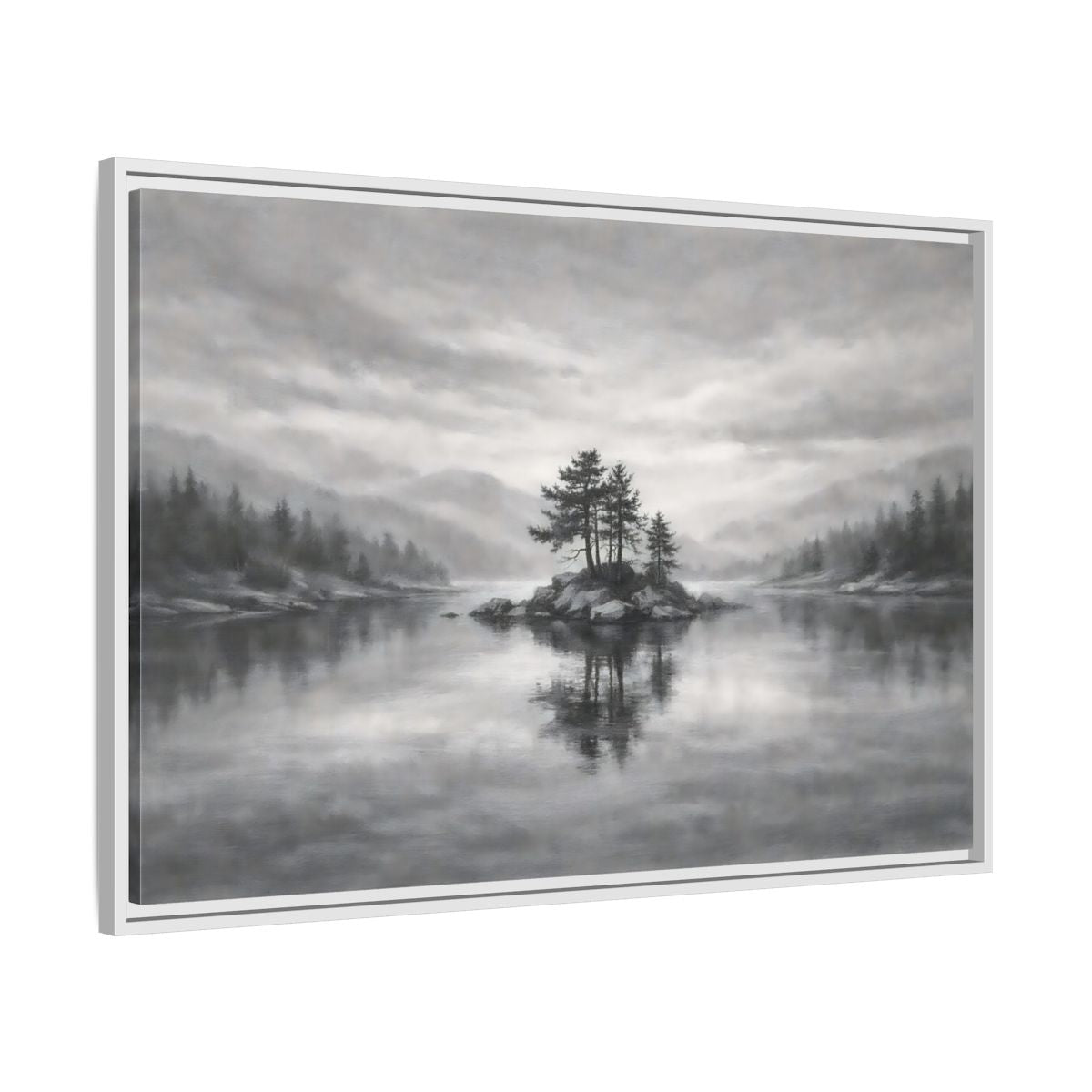 Side Mockup 8. Nature Lake Island Monochrome Lake shown as stretched canvas wall art