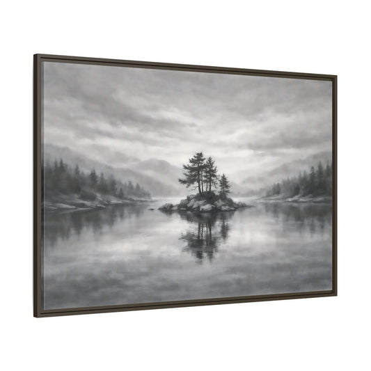 Main Mockup. Nature Lake Island Monochrome Lake shown as stretched canvas wall art