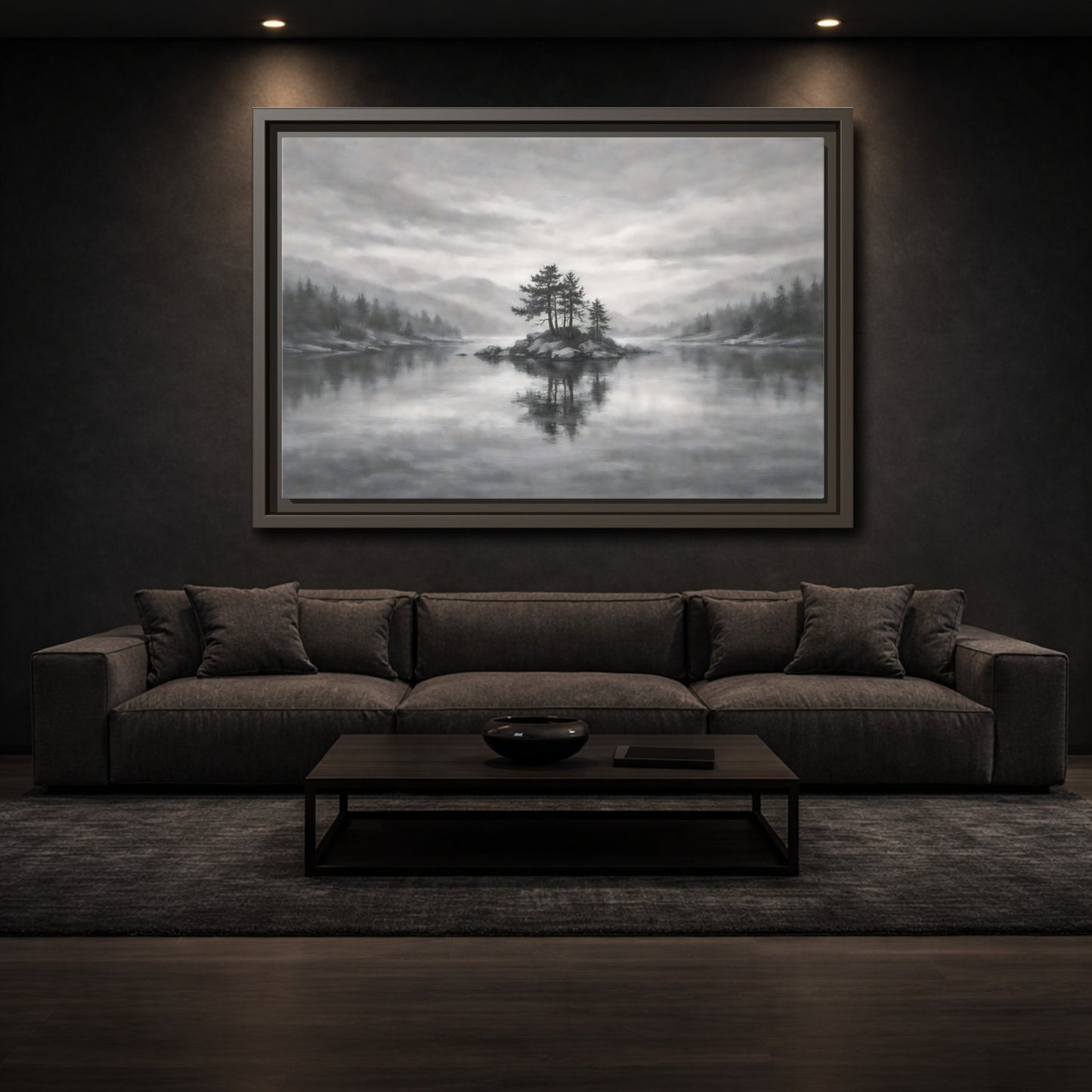 Mockup 2. Nature Lake Island Monochrome Lake shown as stretched canvas wall art